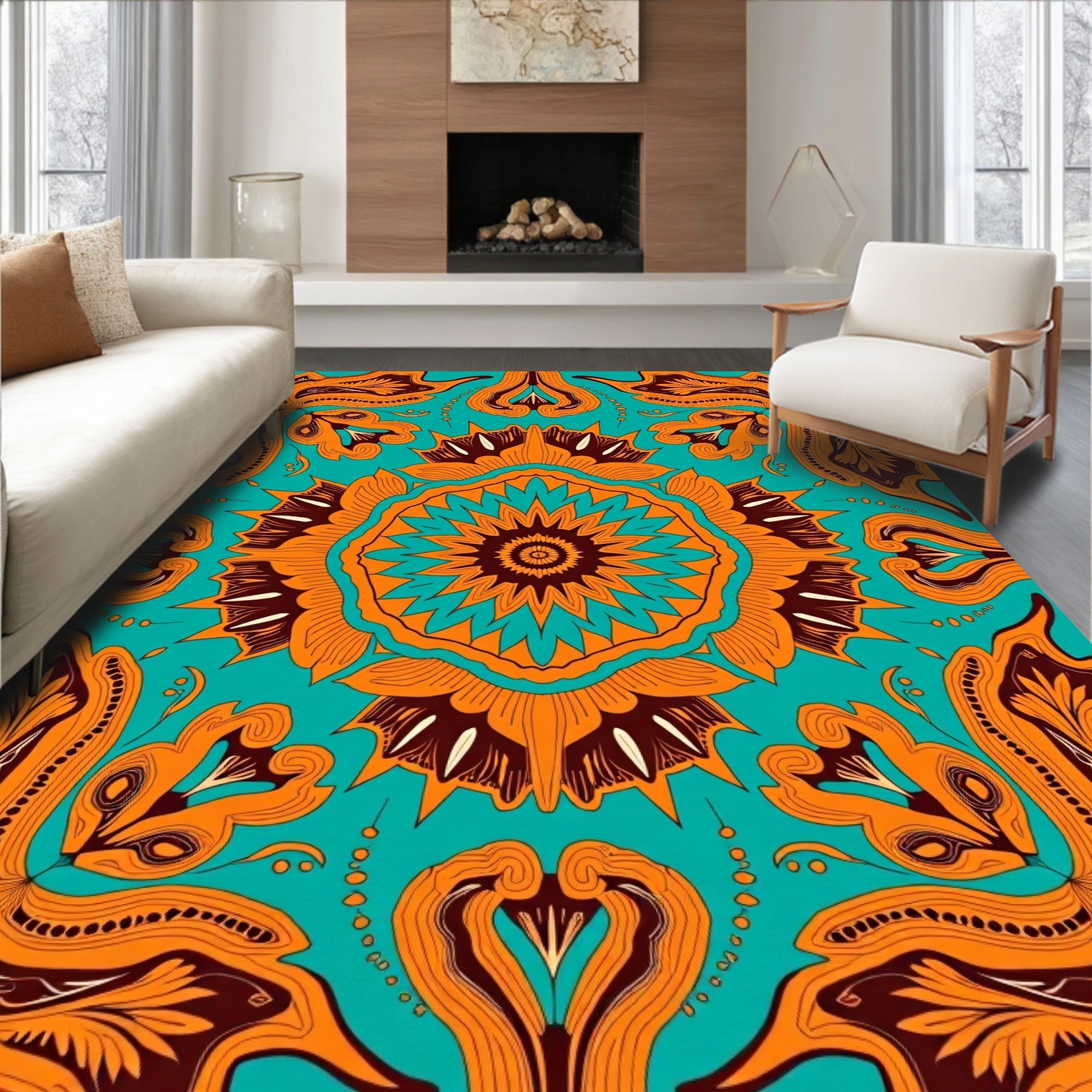 Vibrant Orange Teal Mandala Art Rug