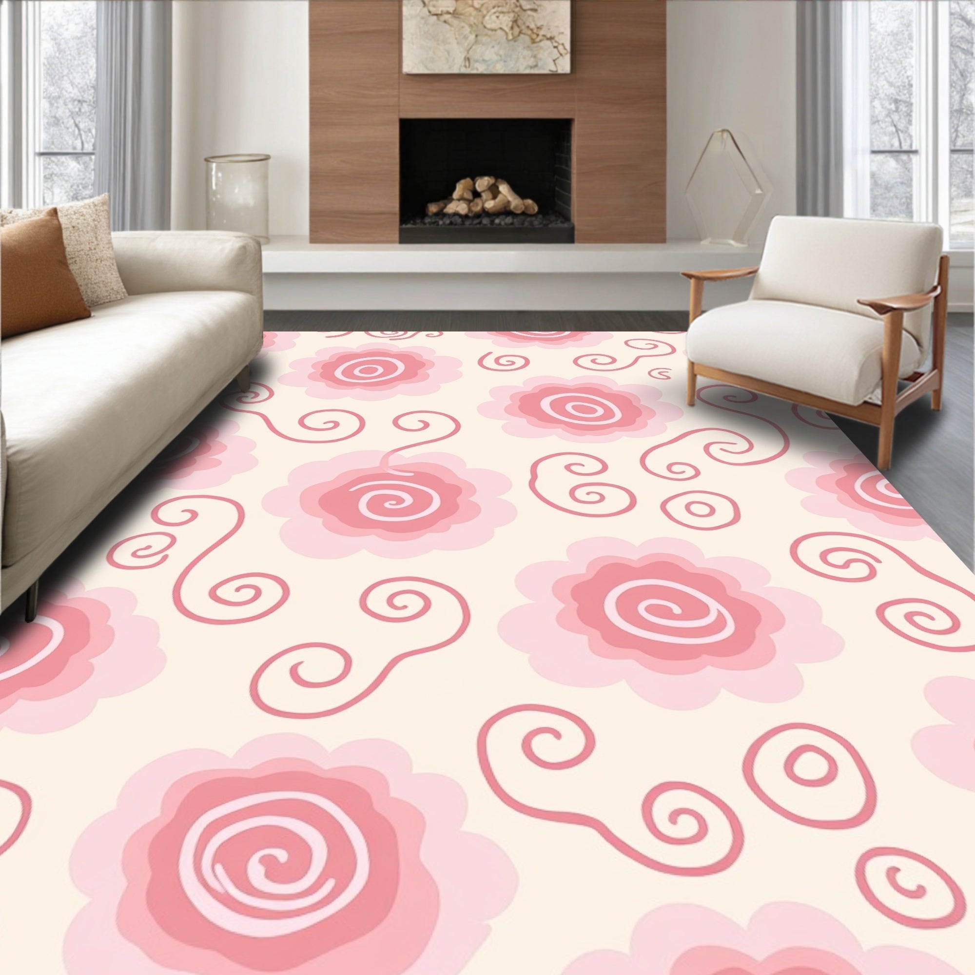 Pink Swirl Floral Pattern Rug