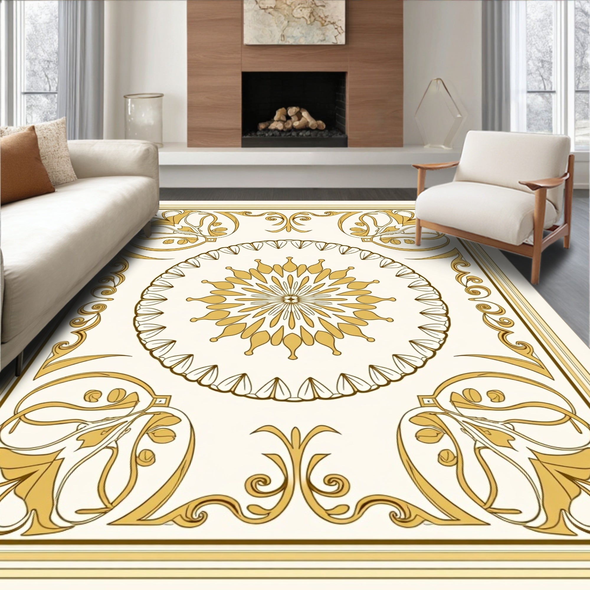 Elegant Gold Floral Mandalas Rug