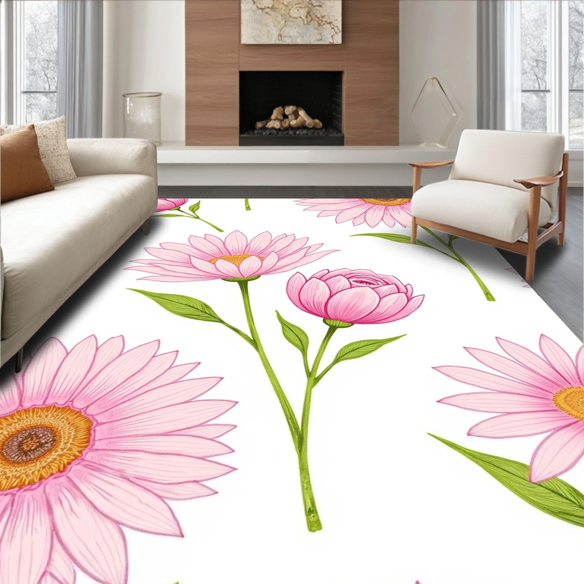 Pink Daisy Floral Pattern Design Rug