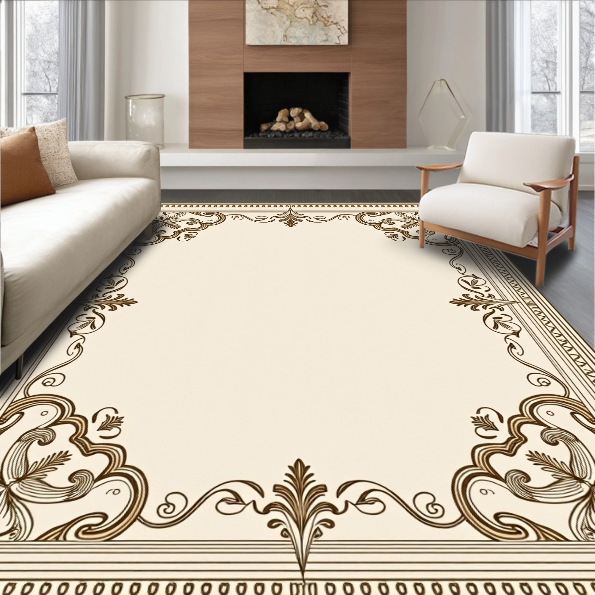 Ornate Floral Scrollwork Border Design Rug