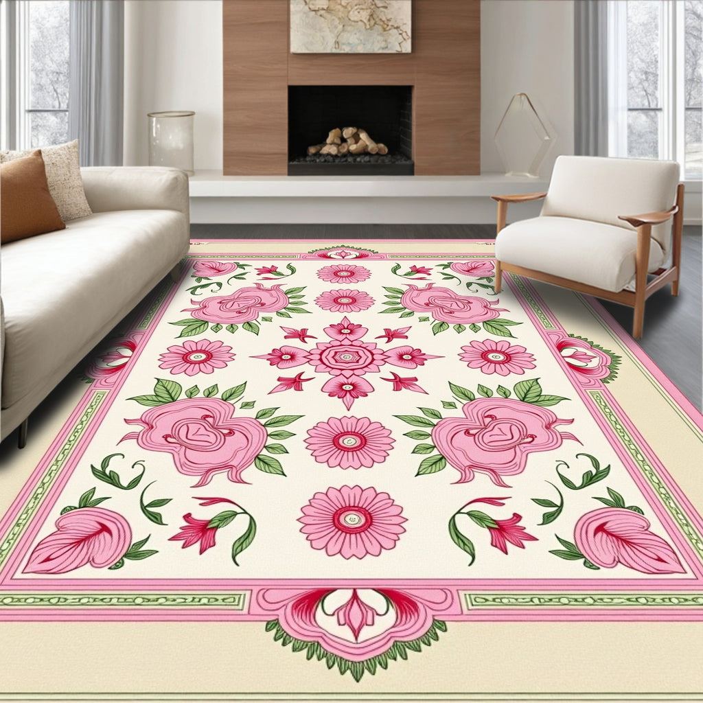 Pink Floral Garden Medallion Rug