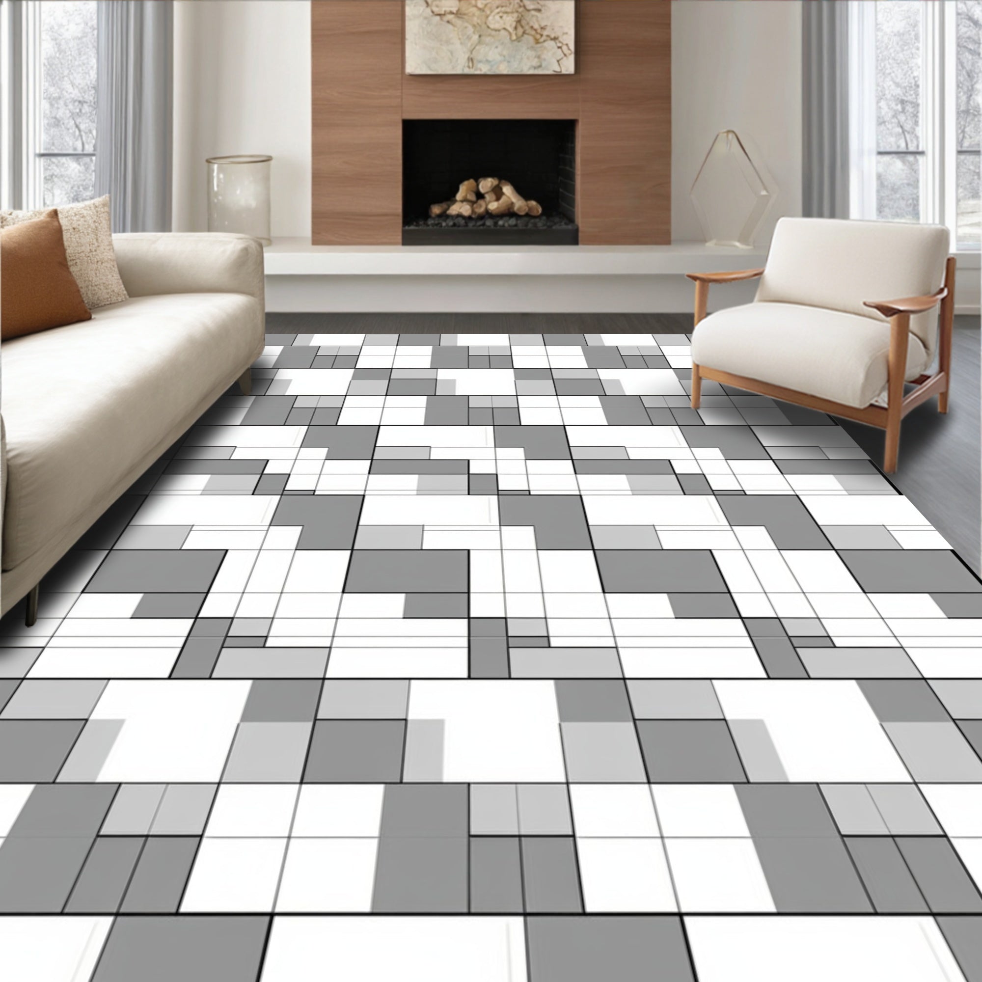 Monochromatic Geometric Square Pattern Rug