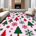 Festive Red Green Christmas Trees Snowflakes Rug