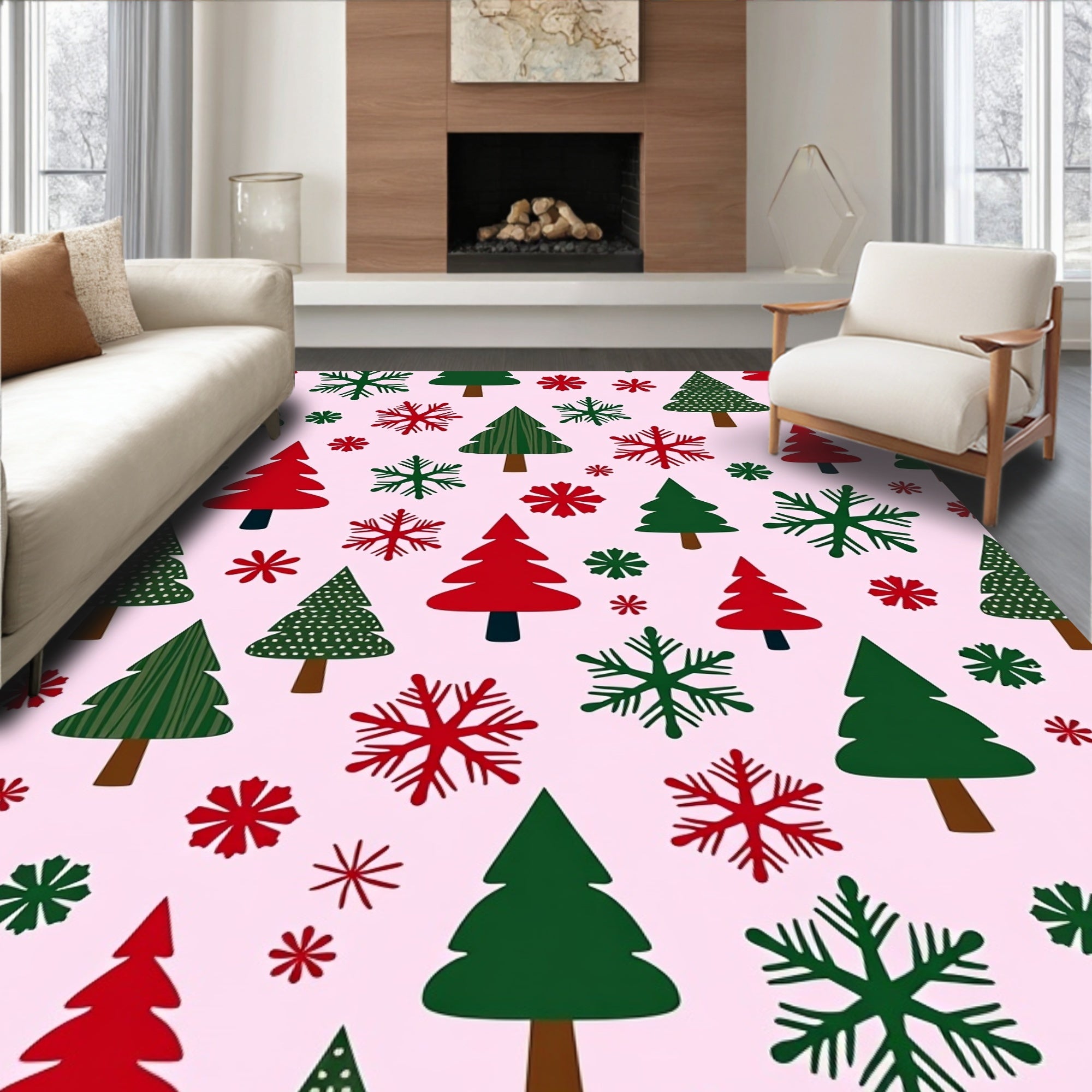 Festive Red Green Christmas Trees Snowflakes Rug