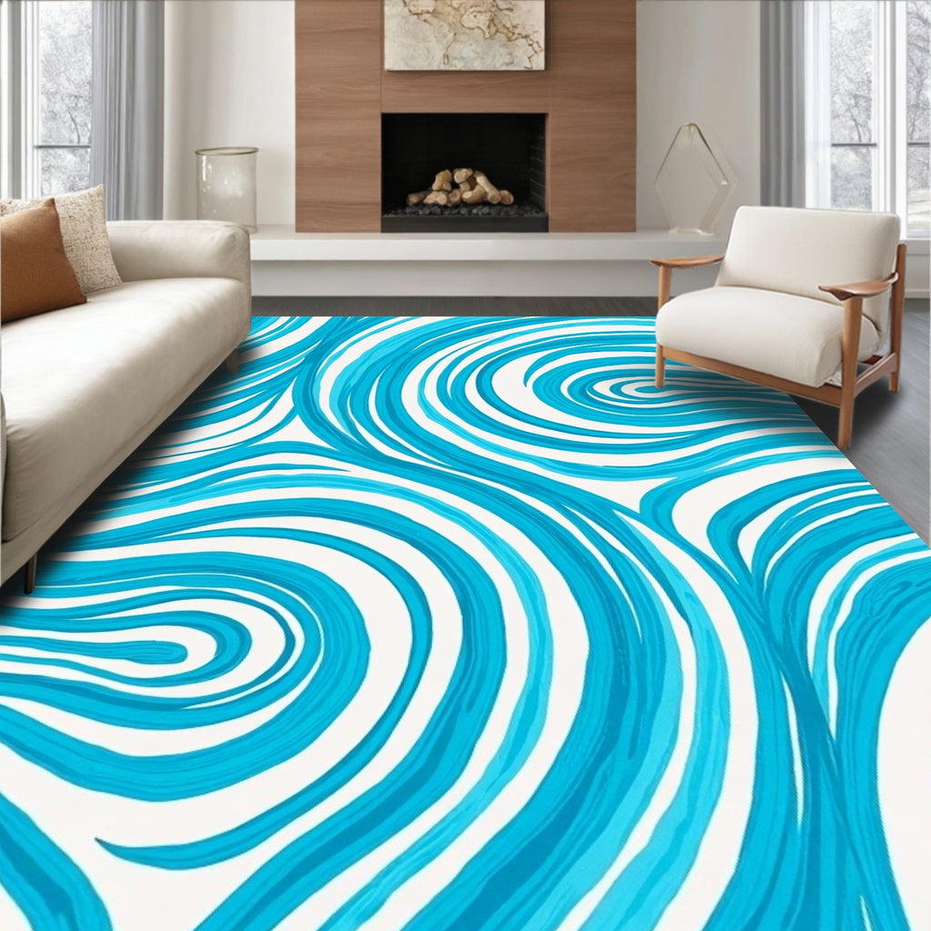 Curving Blue Strokes Abstract Rug