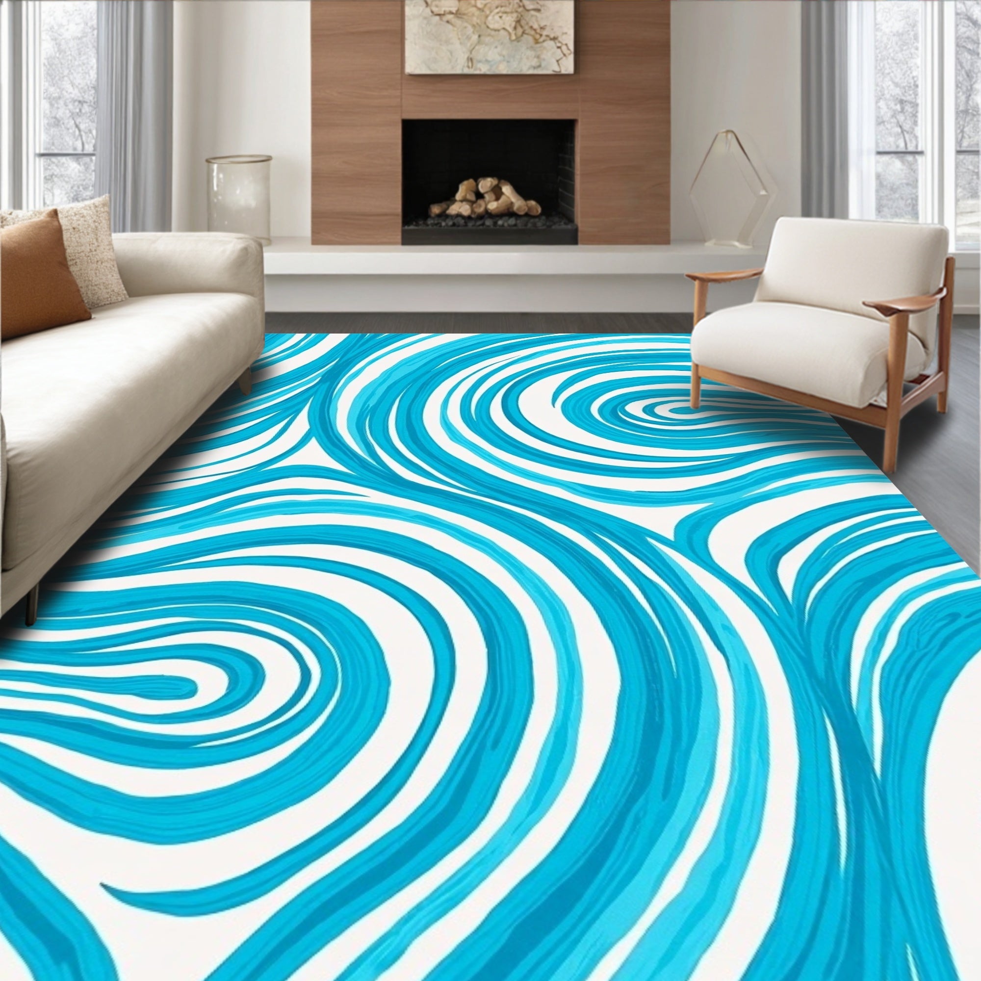 Curving Blue Strokes Abstract Rug