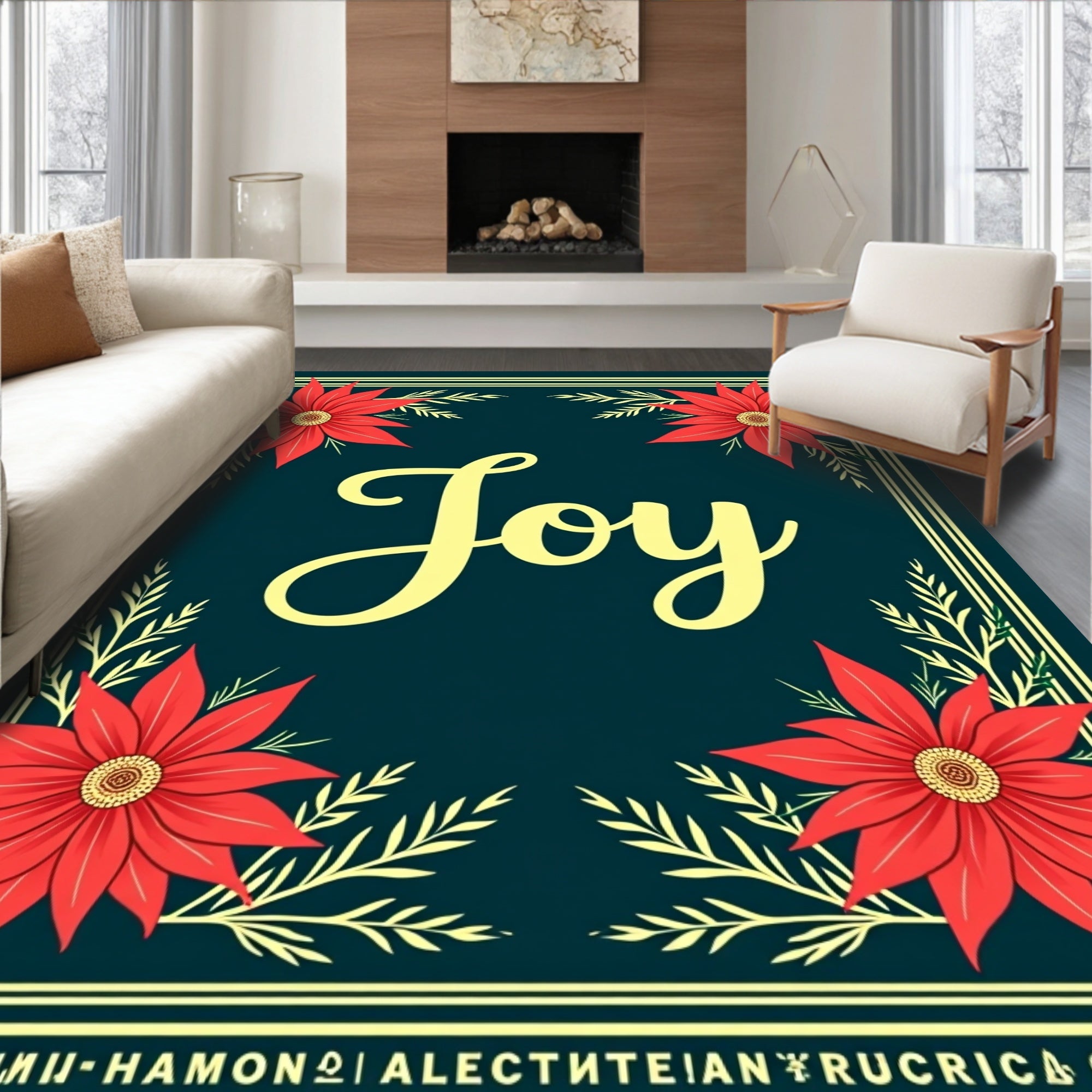 Festive Red Poinsettia Border Rug
