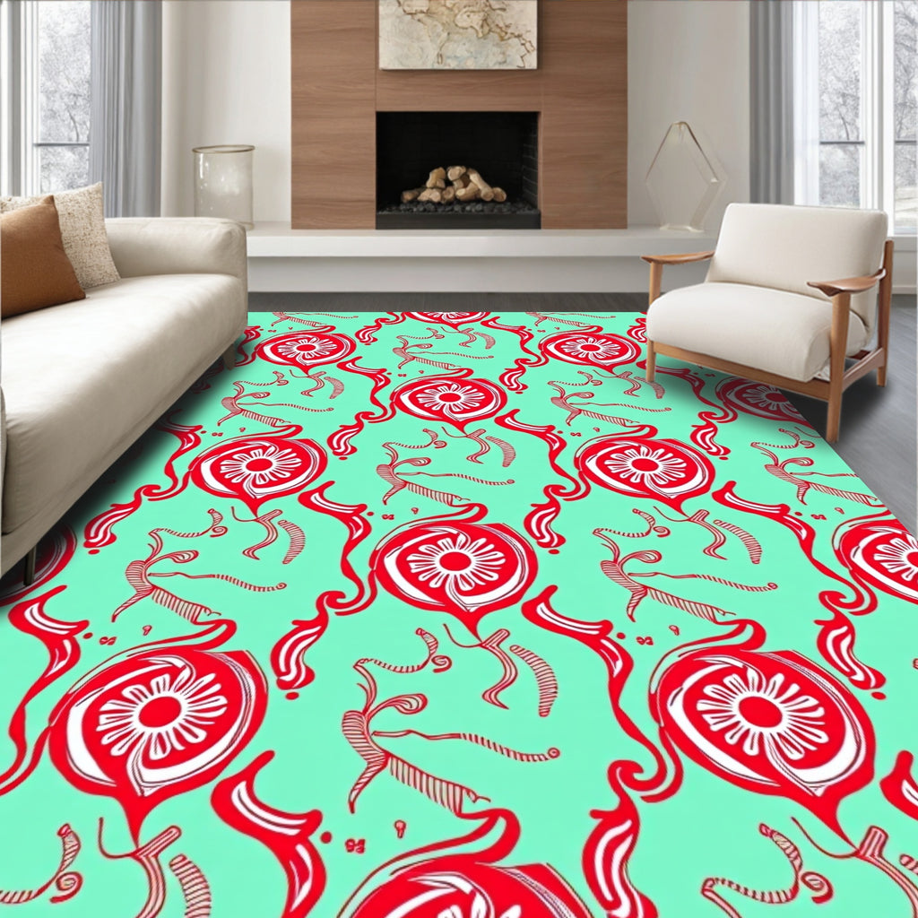 Red Flowing Floral And Figures Pattern Rug