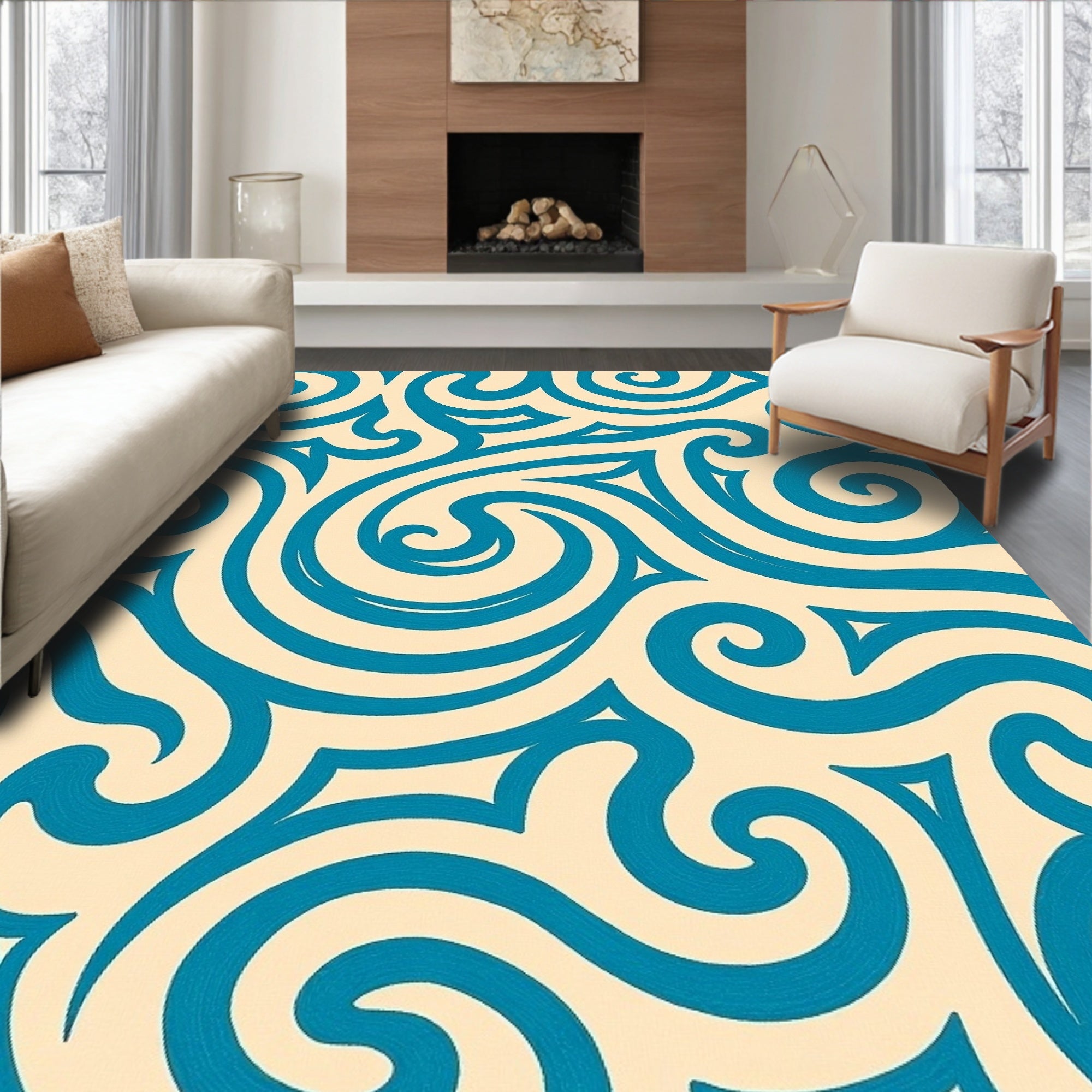 Cream and Teal Swirling Curves Rug