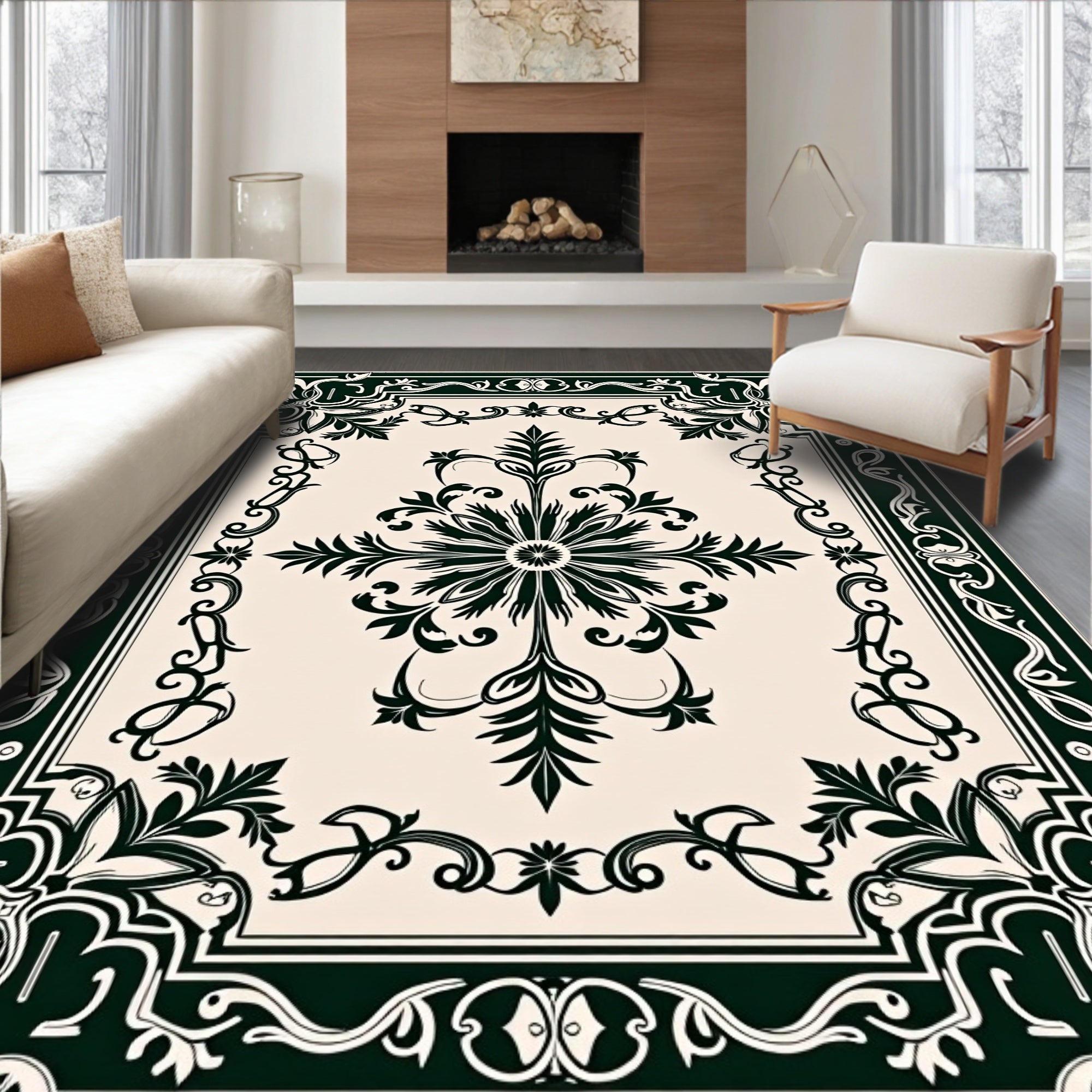 Ornate Floral Leaf Border Design Rug