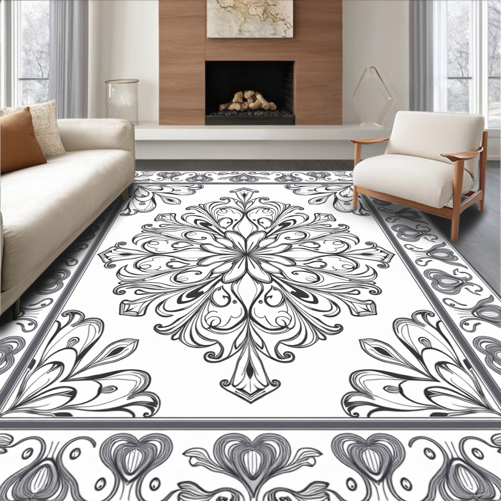 Elegant Filigree Floral Scroll Design Rug