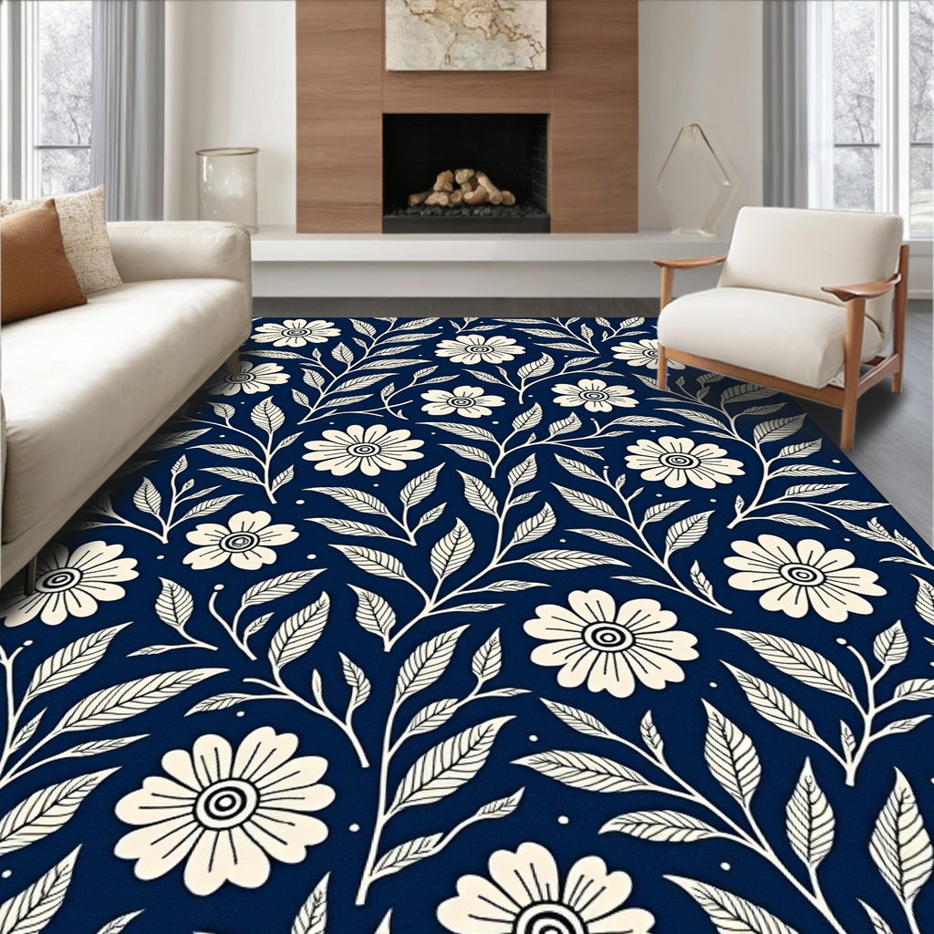 Cream Floral Vines On Navy Pattern Rug