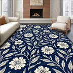 Cream Floral Vines On Navy Pattern Rug