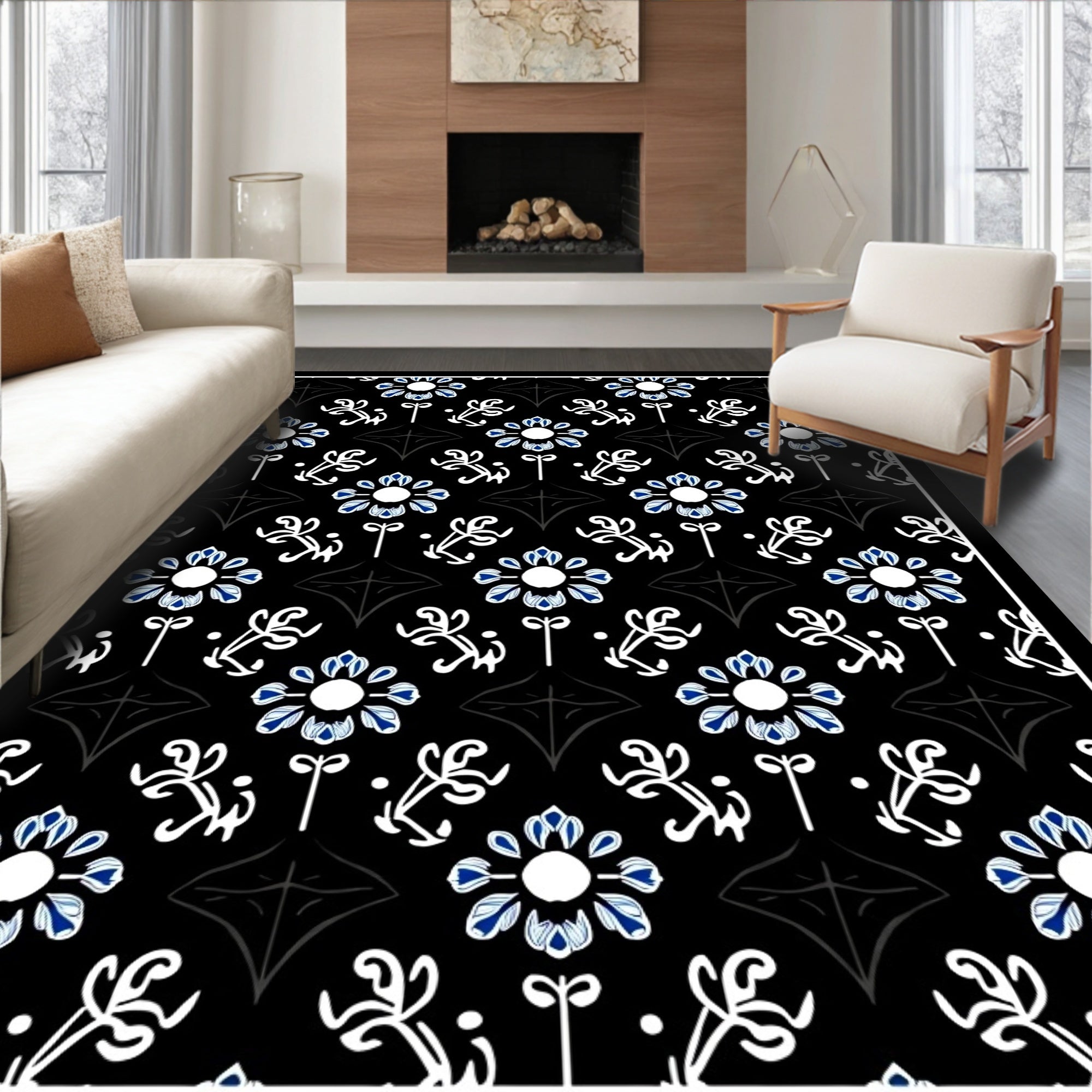 Black Blue Floral Medallion Vine Rug