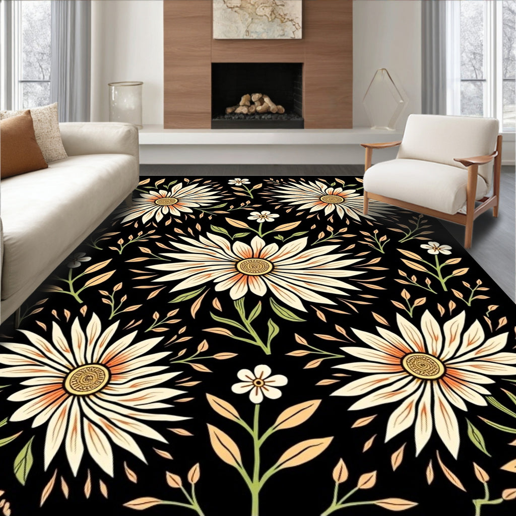 Black Floral Daisy Pattern Rug
