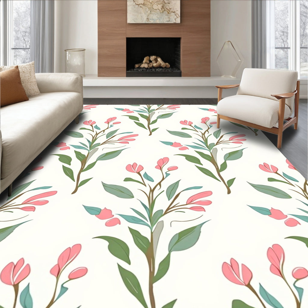Soft Pink Floral Botanical Pattern Rug