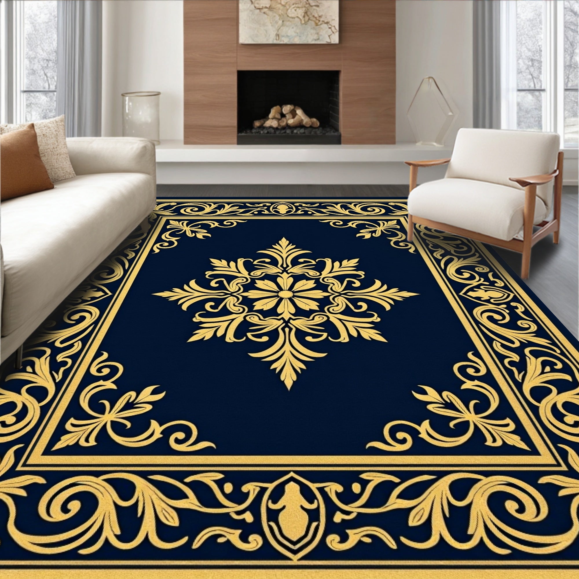 Elegant Gold Floral Scrollwork Design Rug