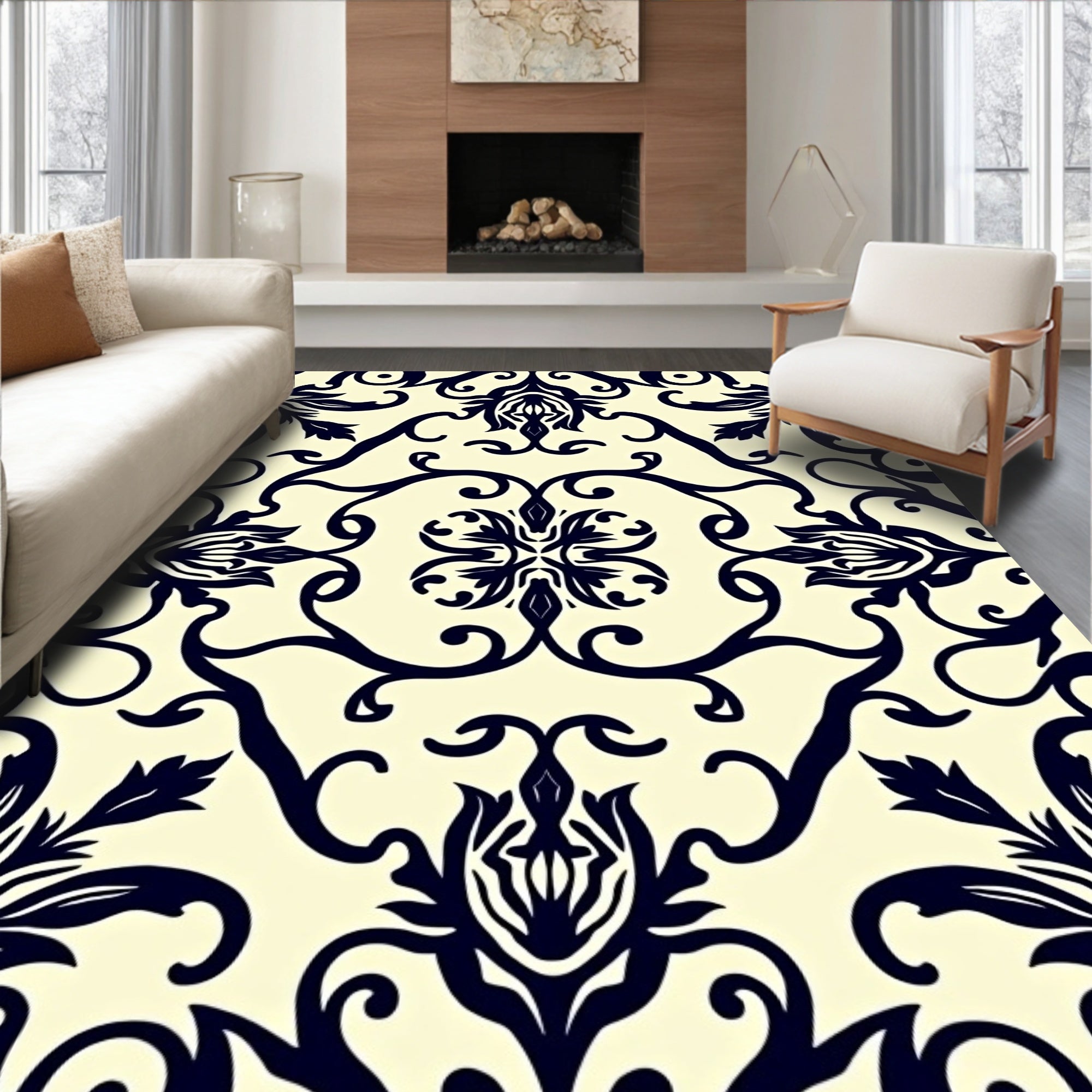 Vintage Floral Scroll Motif Rug