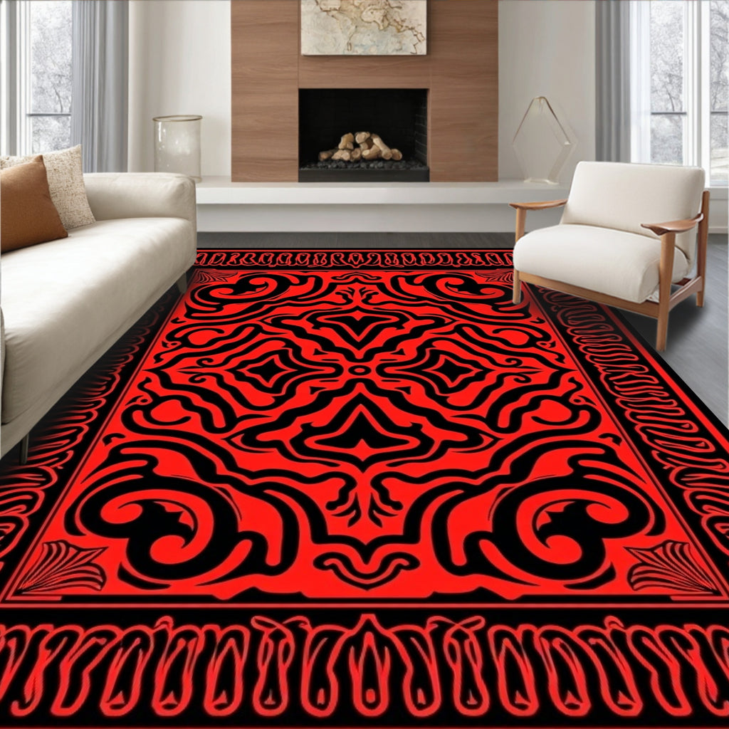 Bold Red Black Intricate Pattern Rug