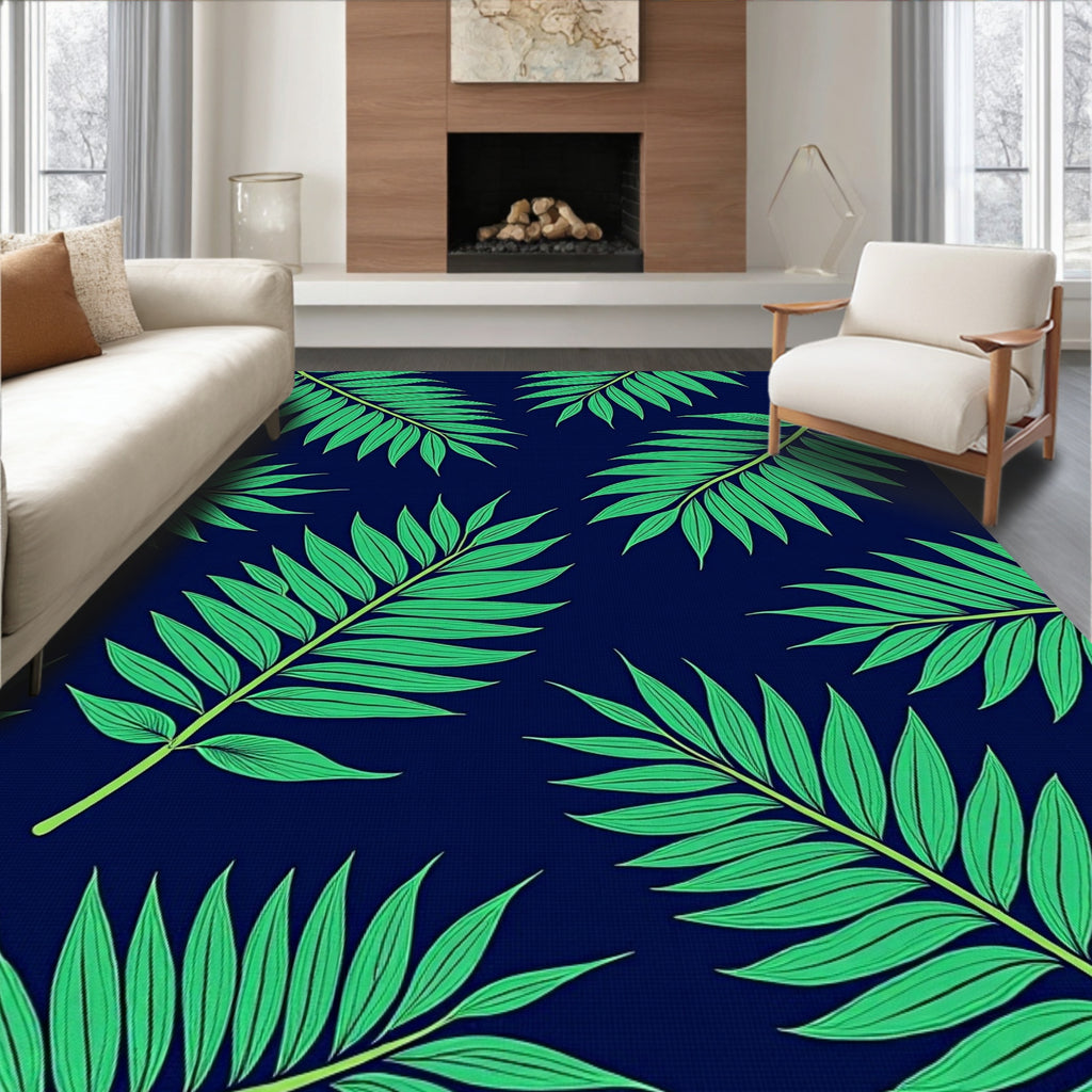 Bold Green Palm Fronds Navy Background Rug