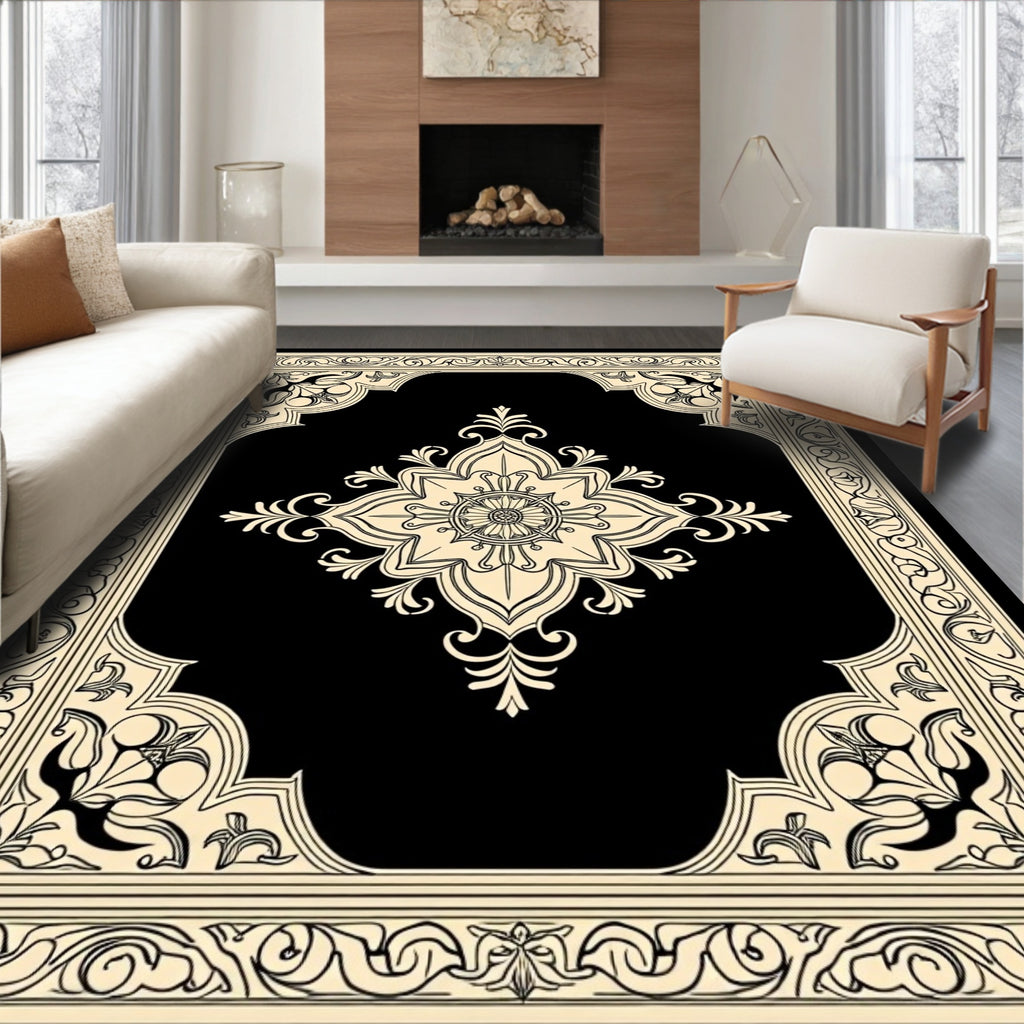 Ornate Floral Mandala Cream on Black Rug