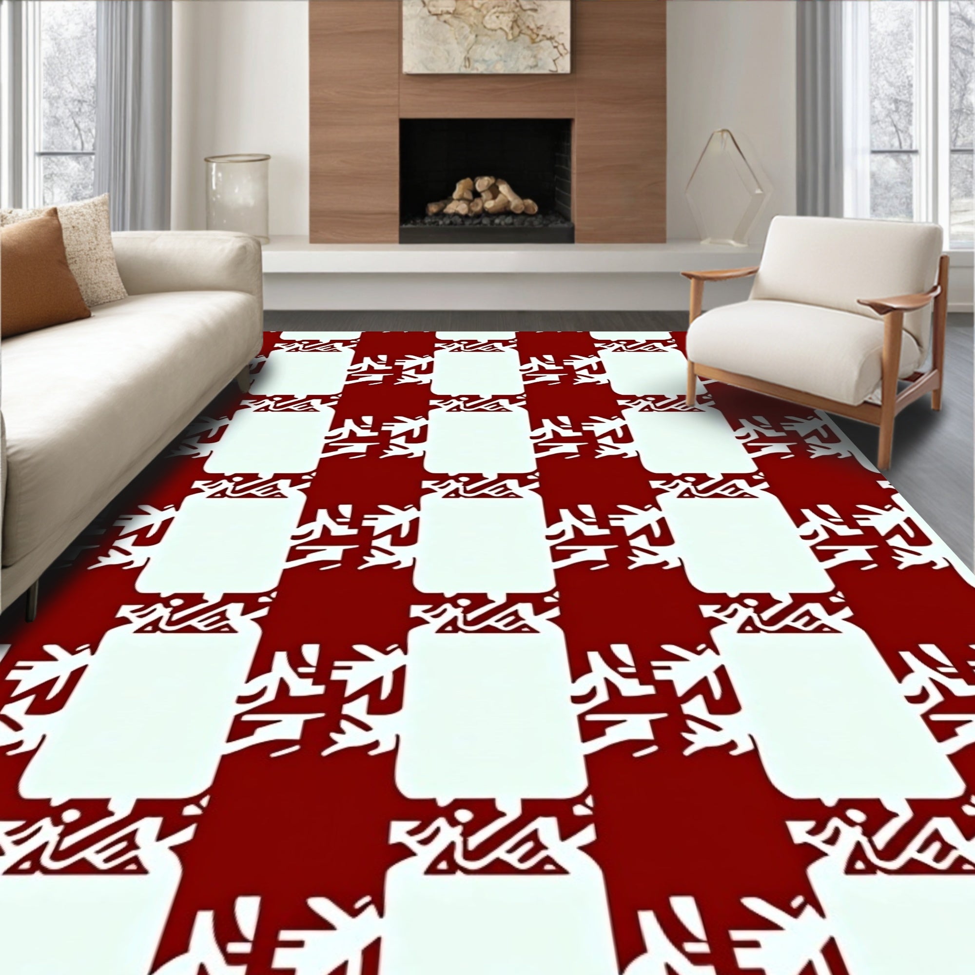 Bold Red White Interlocking Shape Pattern Rug