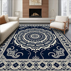 Navy Cream Intricate Mandala Border Rug
