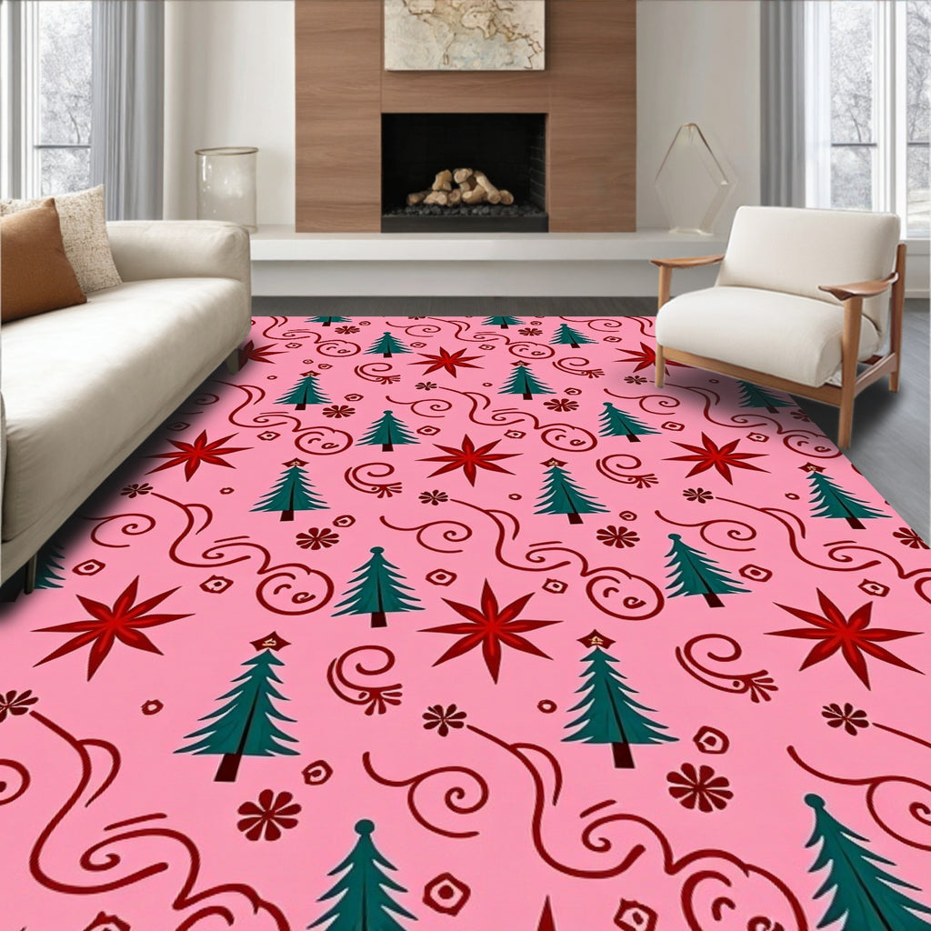 Pink Christmas Eve Trees Stars Rug