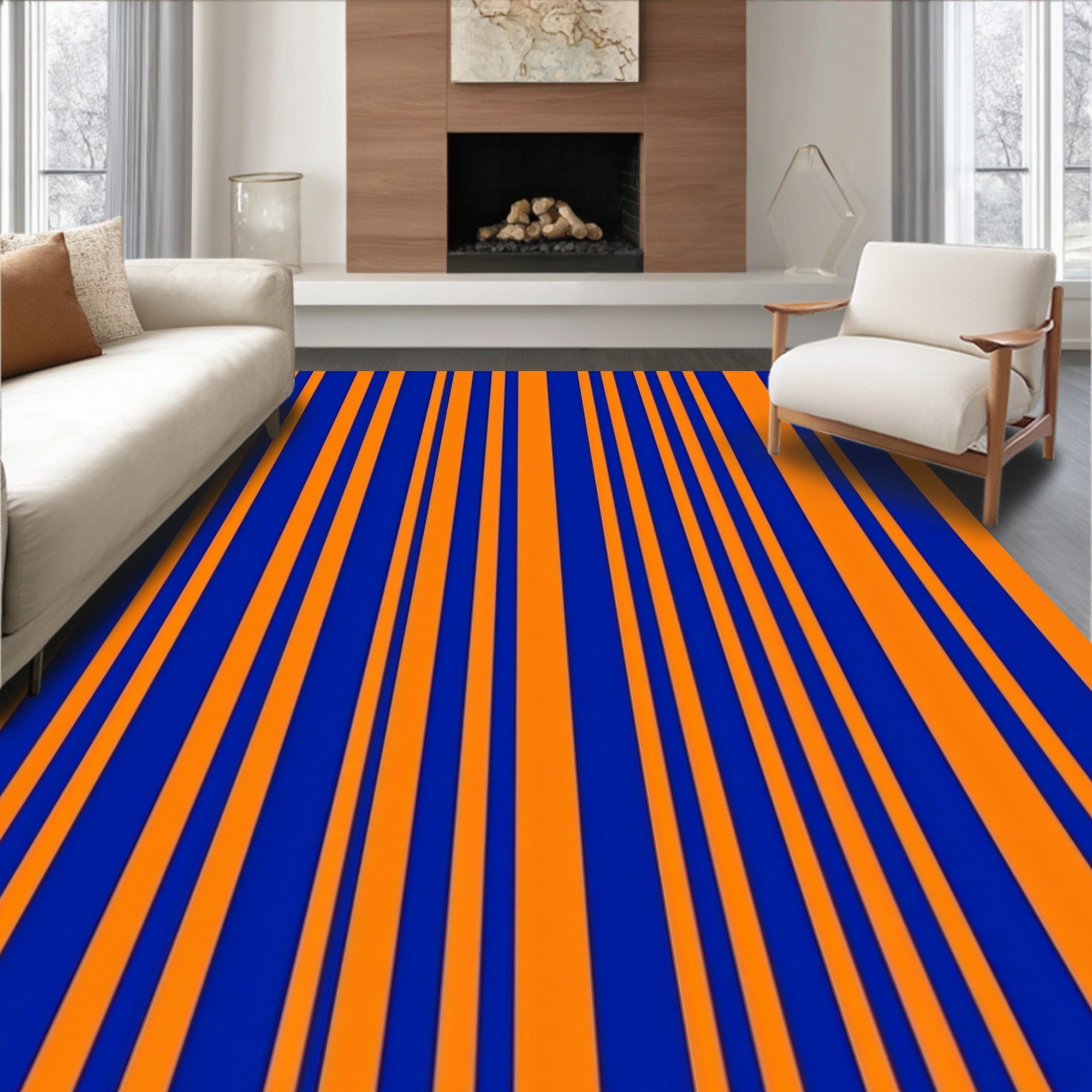 Bold Blue Orange Stripe Pattern Rug