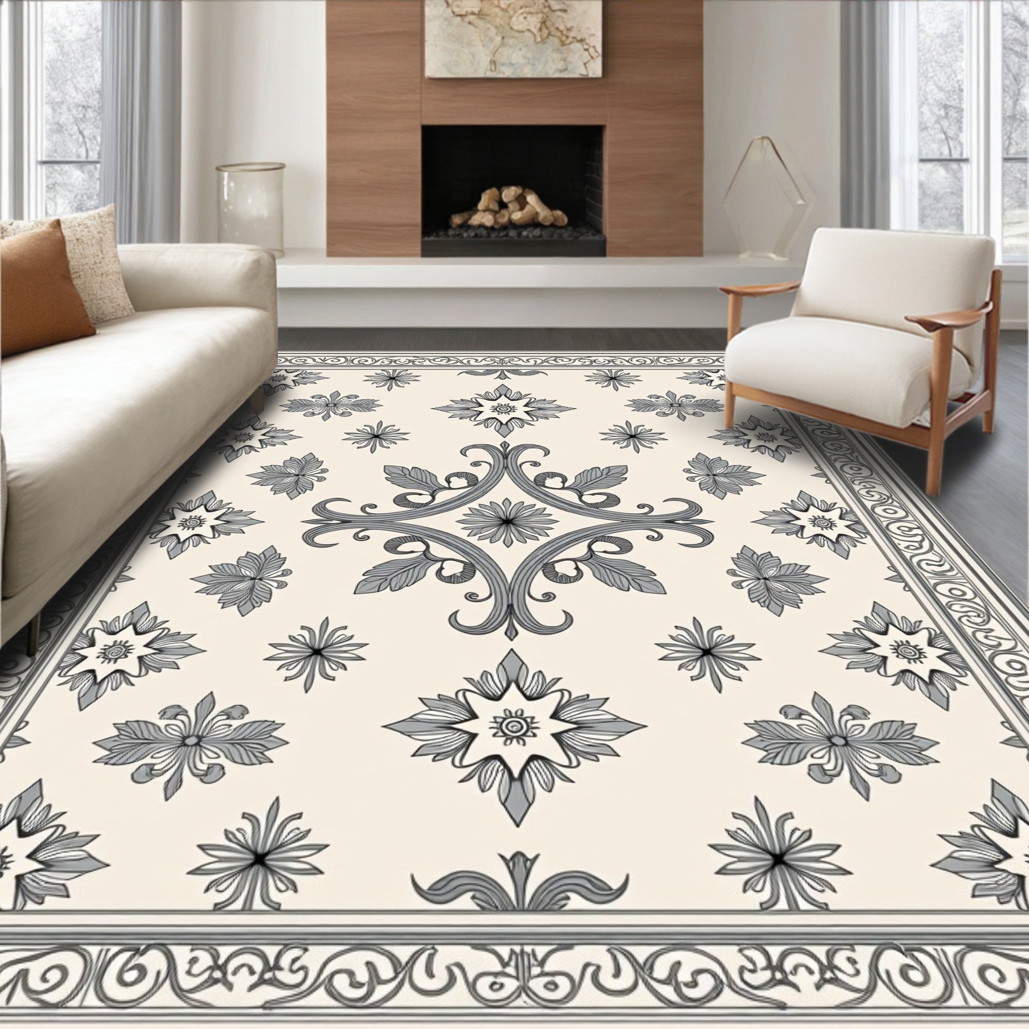 Ornate Floral Scroll Pattern Rug