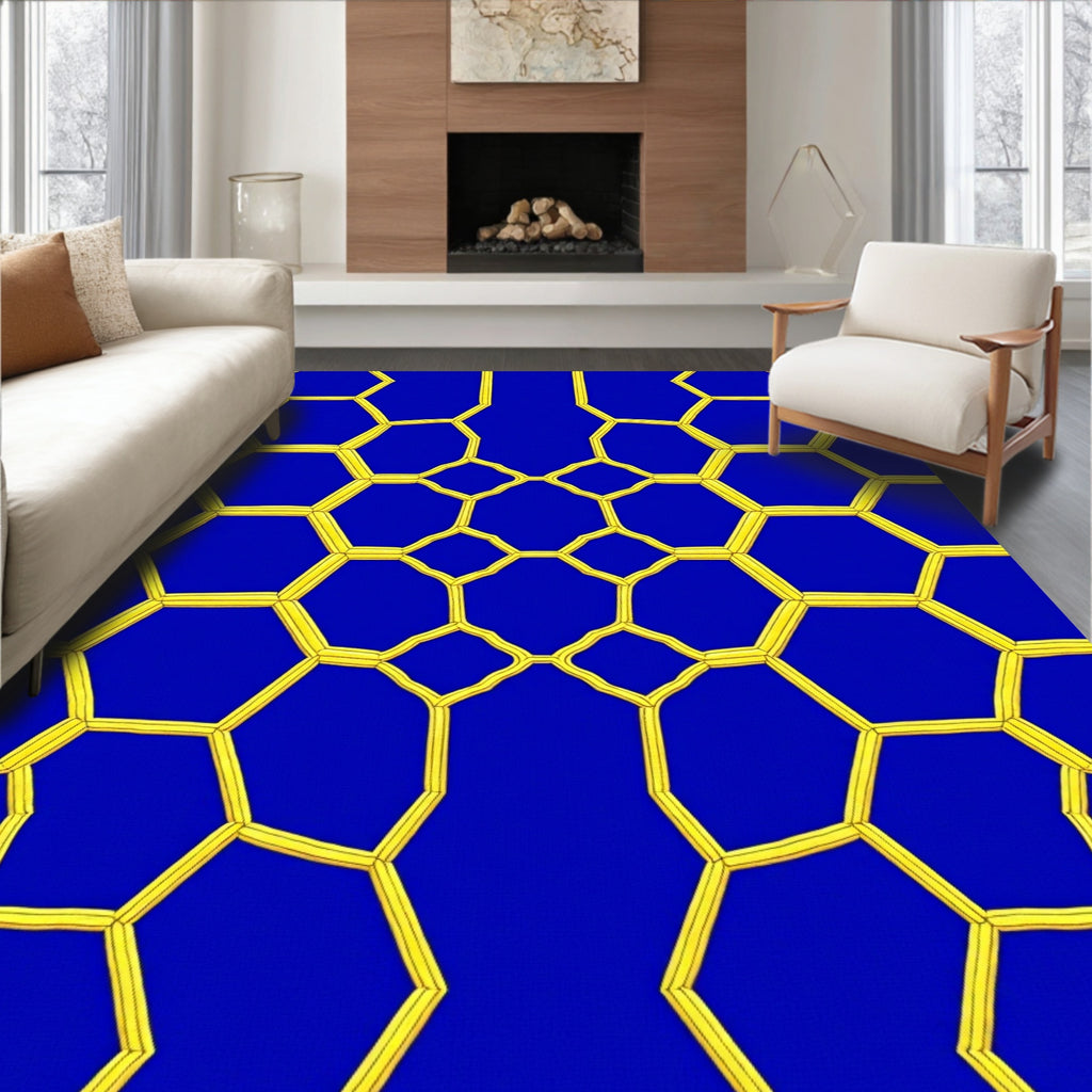 Vivid Blue Yellow Geometric Honeycomb Pattern Rug