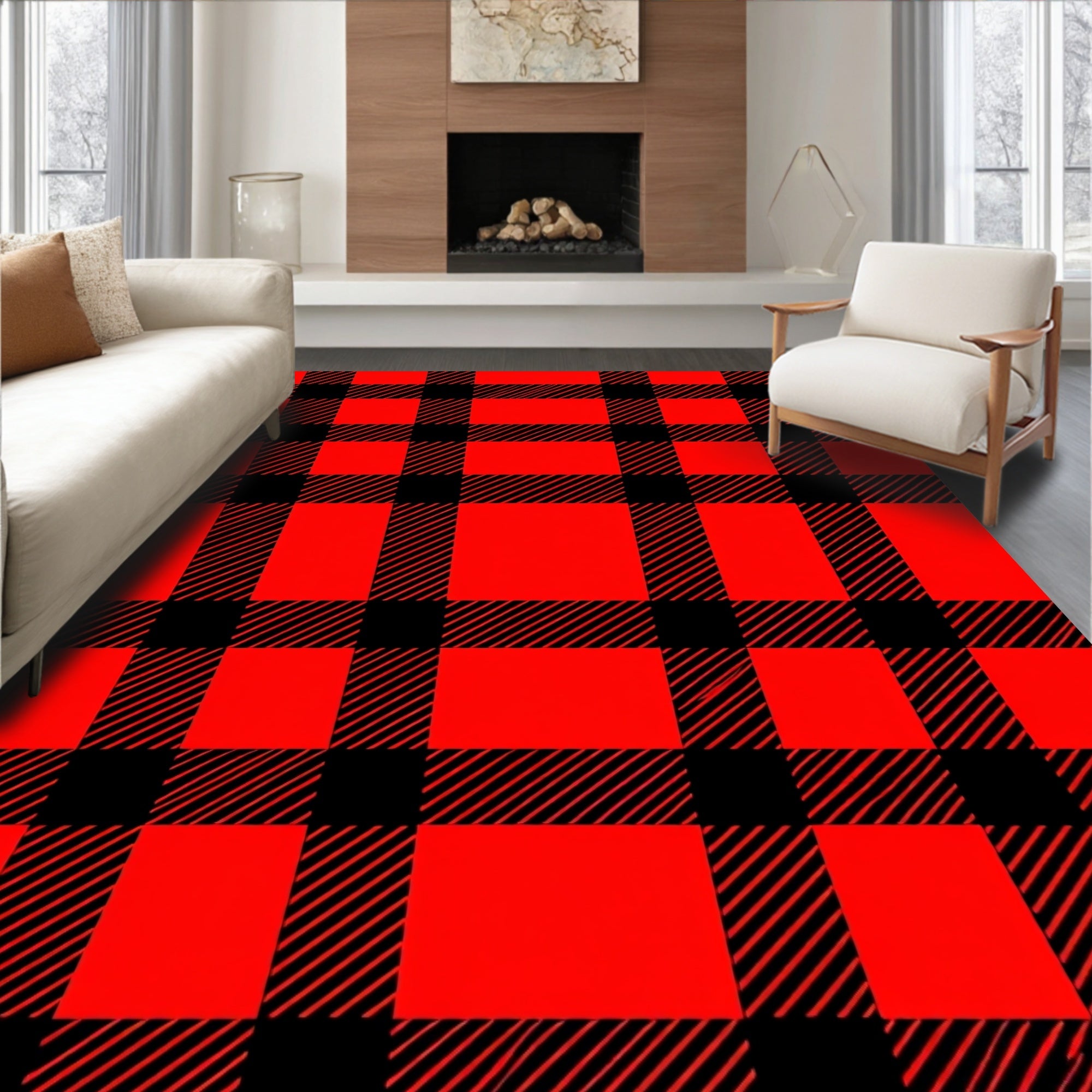 Bold Red Black Buffalo Check Pattern Rug