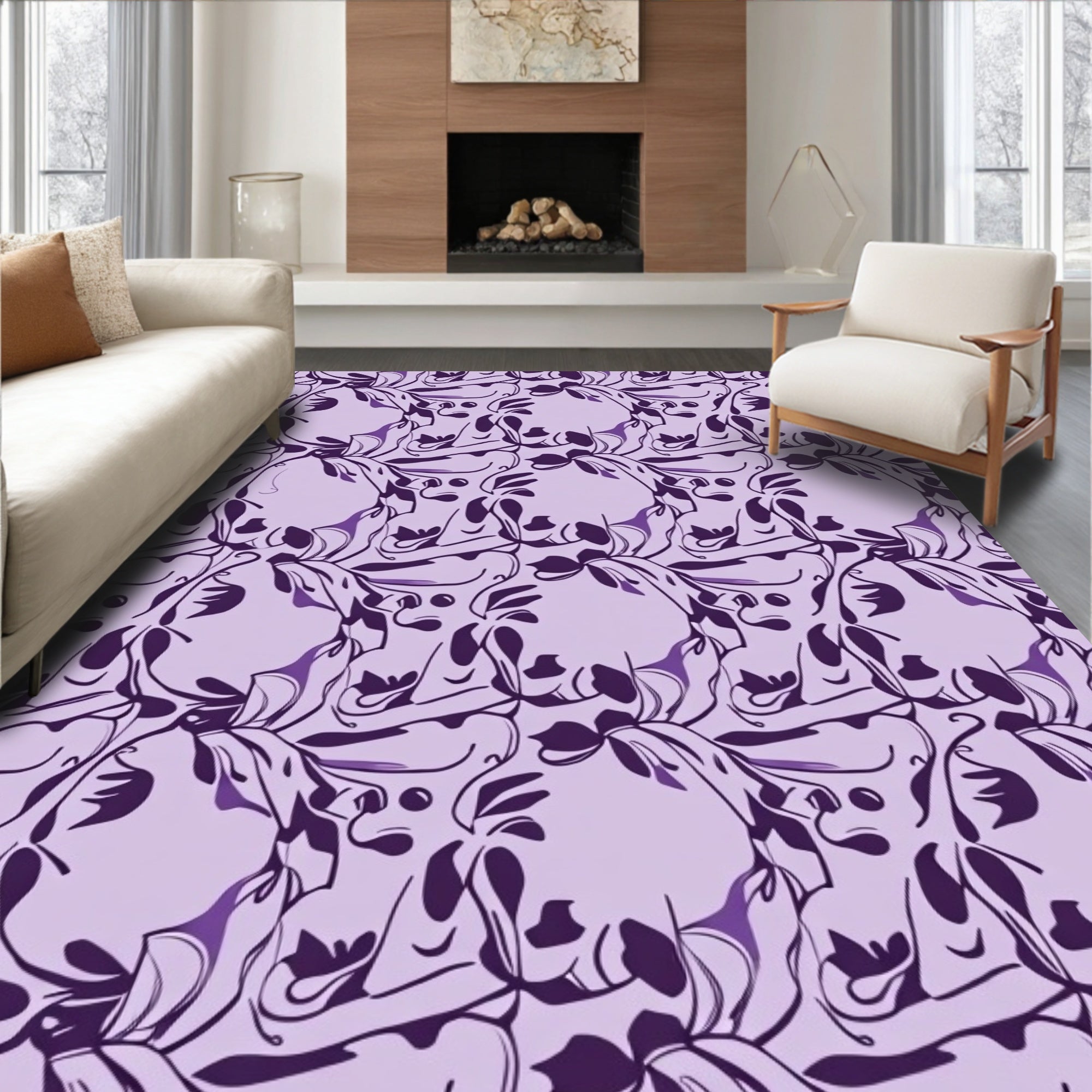 Artistic Purple Floral Swirl Pattern Rug
