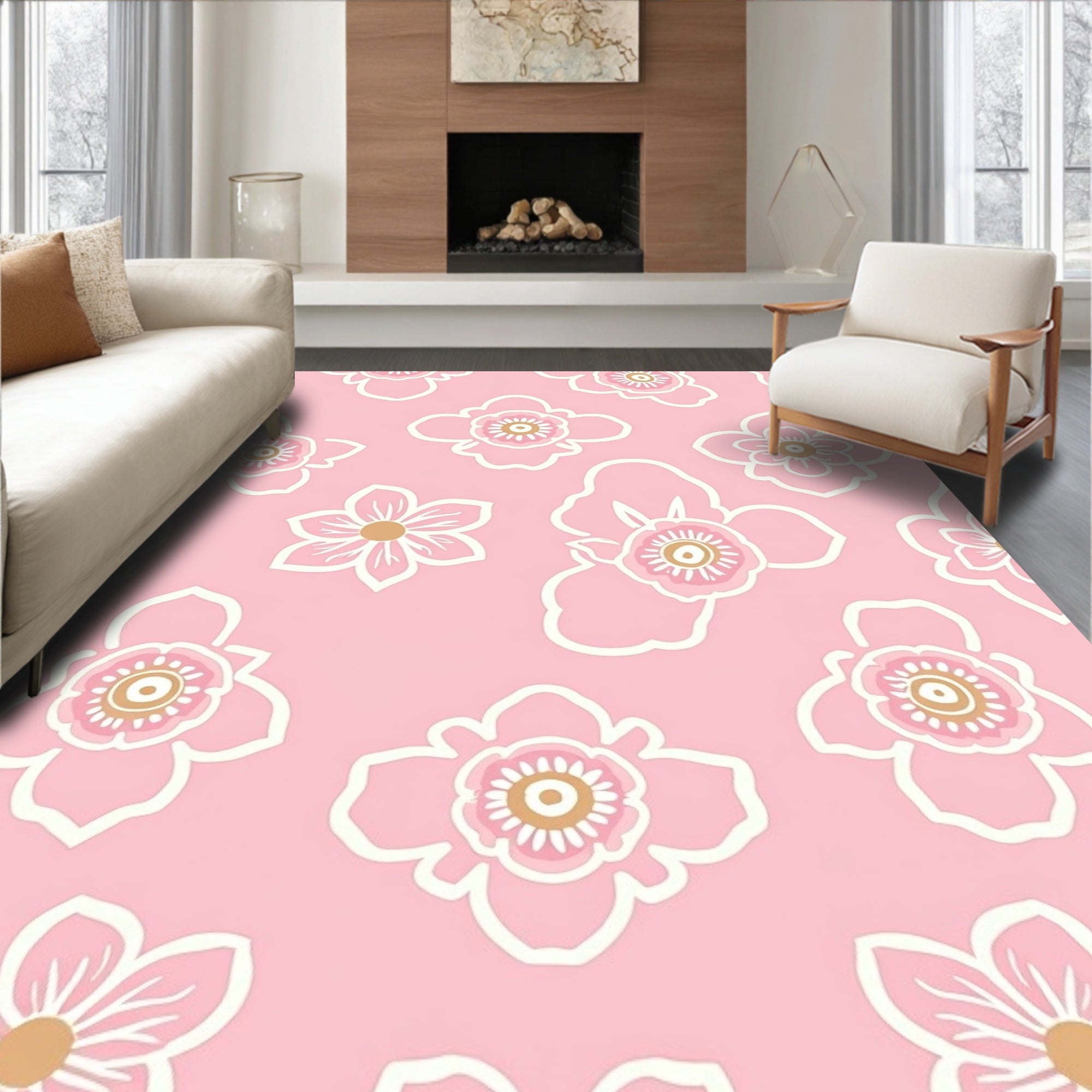 Pink Floral Graphic Pattern Rug