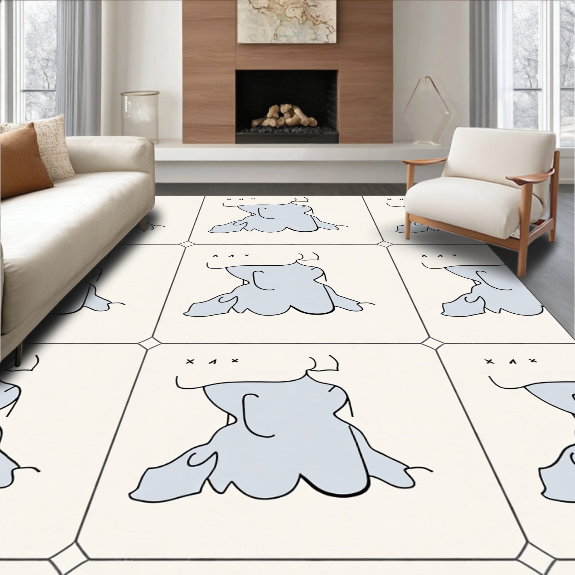 Minimalist Grey Abstract Form Tile Rug