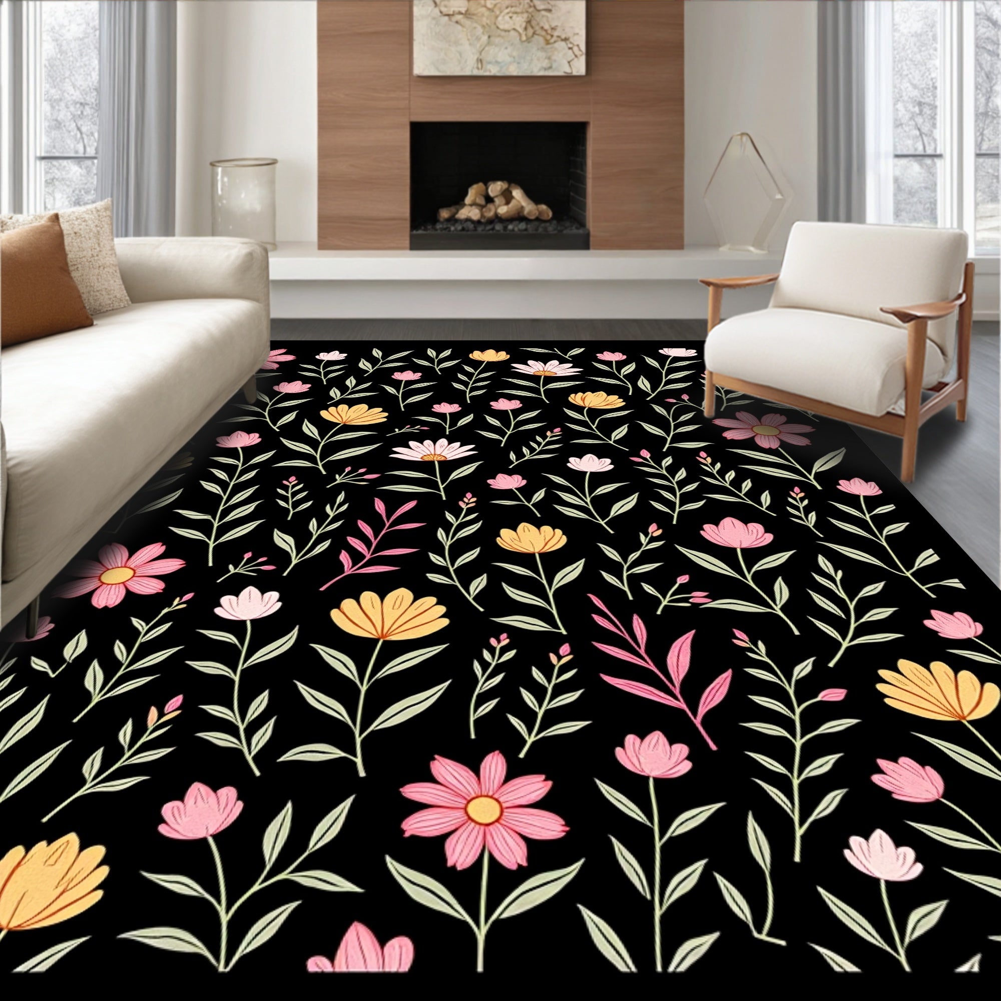 Whimsical Pink Yellow Floral Pattern Rug