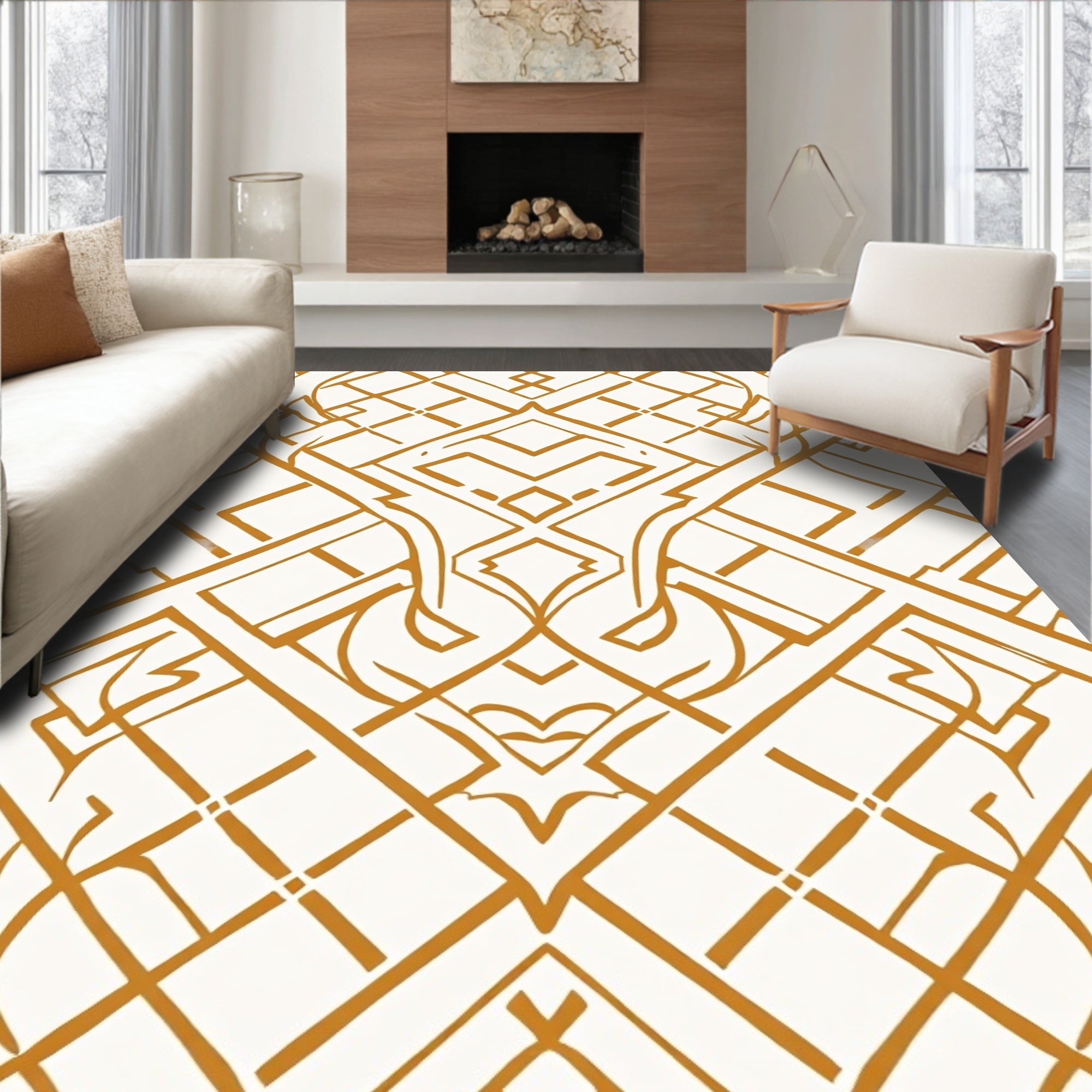 Golden Art Deco Style Geometric Rug