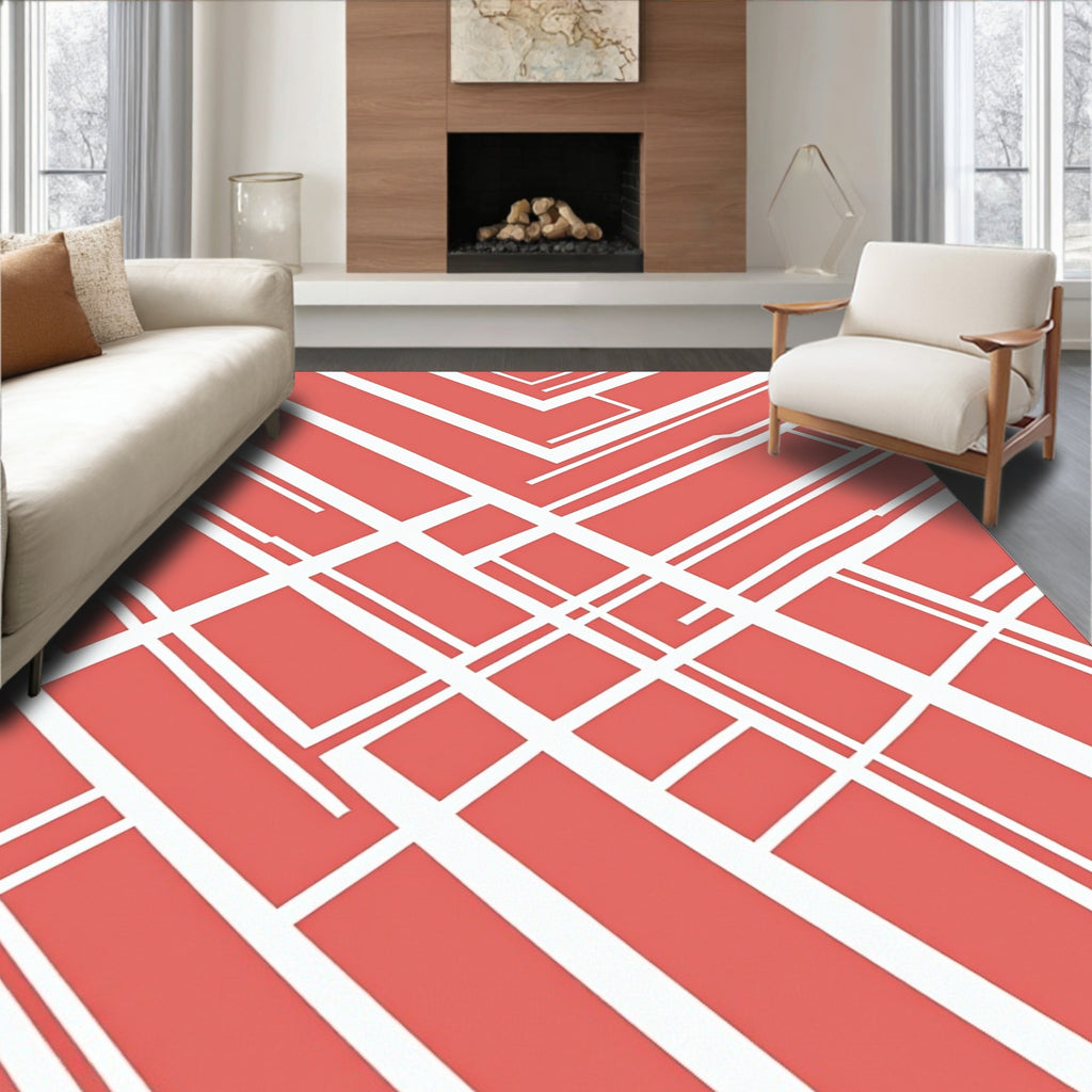 Coral Abstract Geometric Stripe Pattern Rug