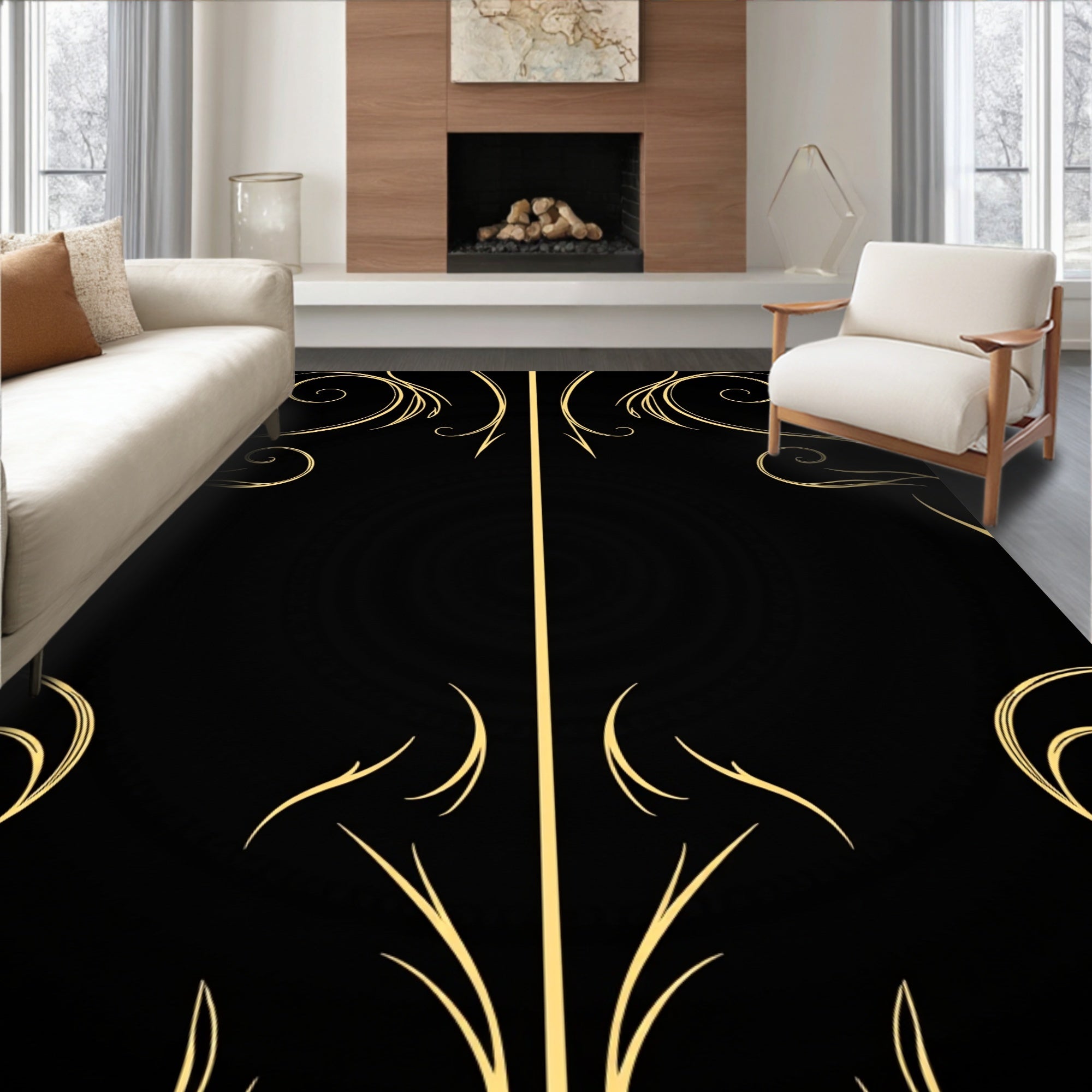 Golden Swirls on Black Background Rug