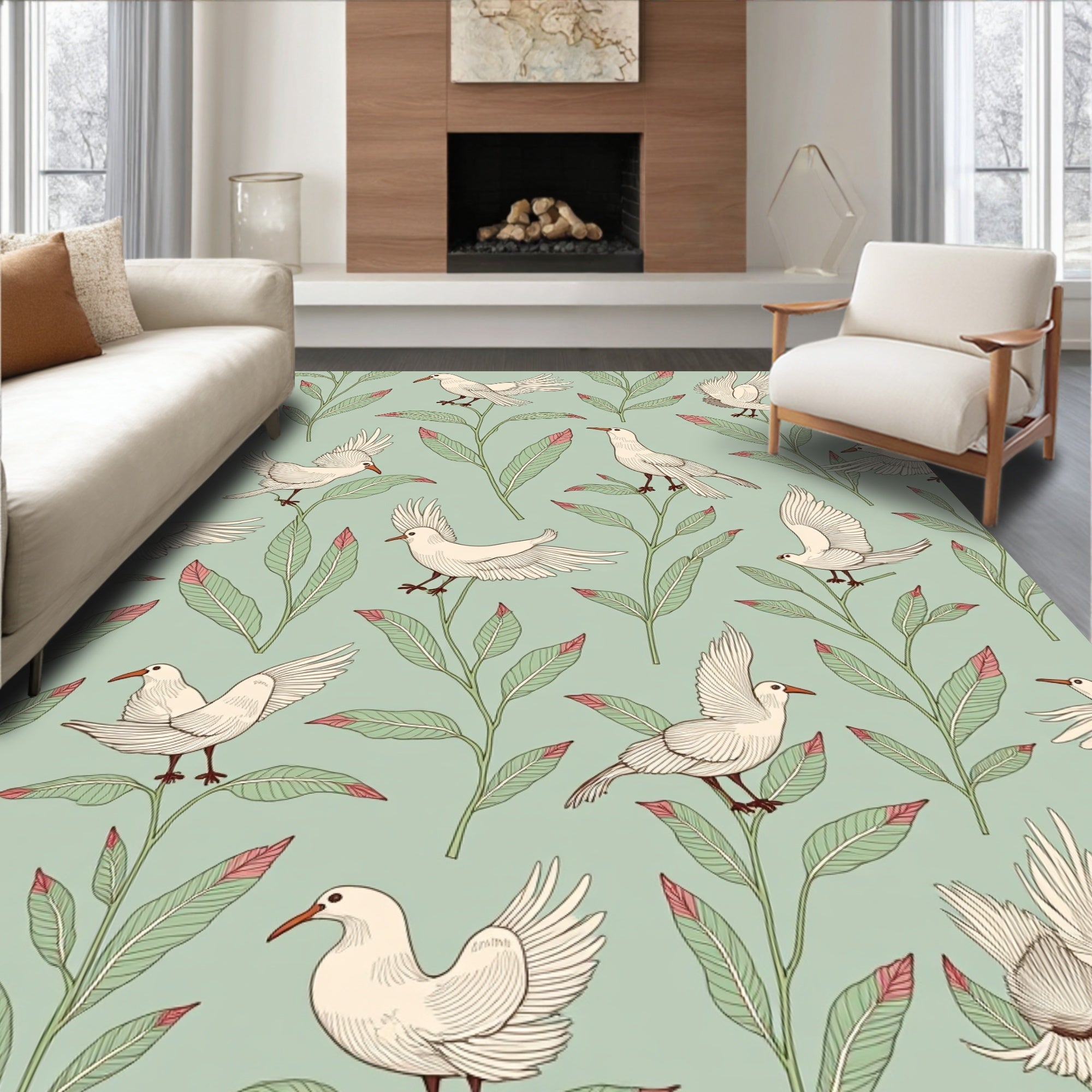 Birds And Leaves Pattern Rug