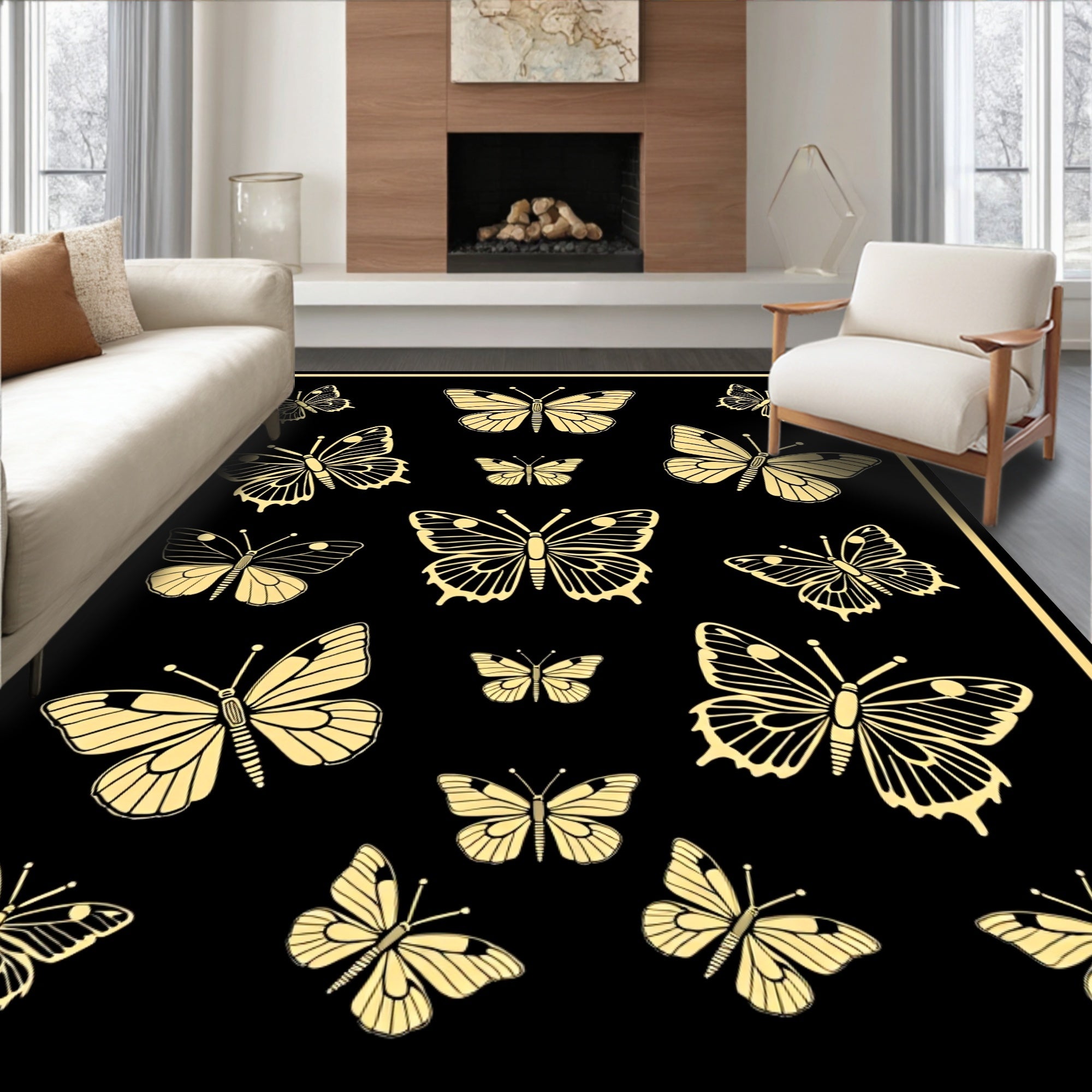 Golden Butterfly Garden Black Background Rug