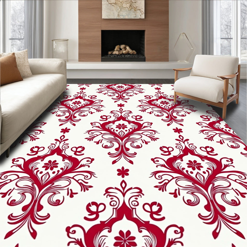 Red Damask Scrollwork Floral Pattern Rug