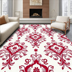 Red Damask Scrollwork Floral Pattern Rug