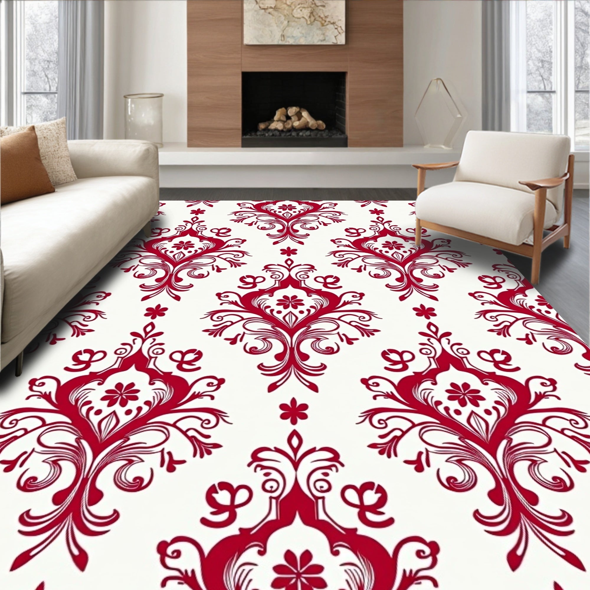 Red Damask Scrollwork Floral Pattern Rug