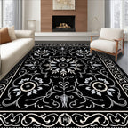 Elegant Black Floral Scrollwork Pattern Rug
