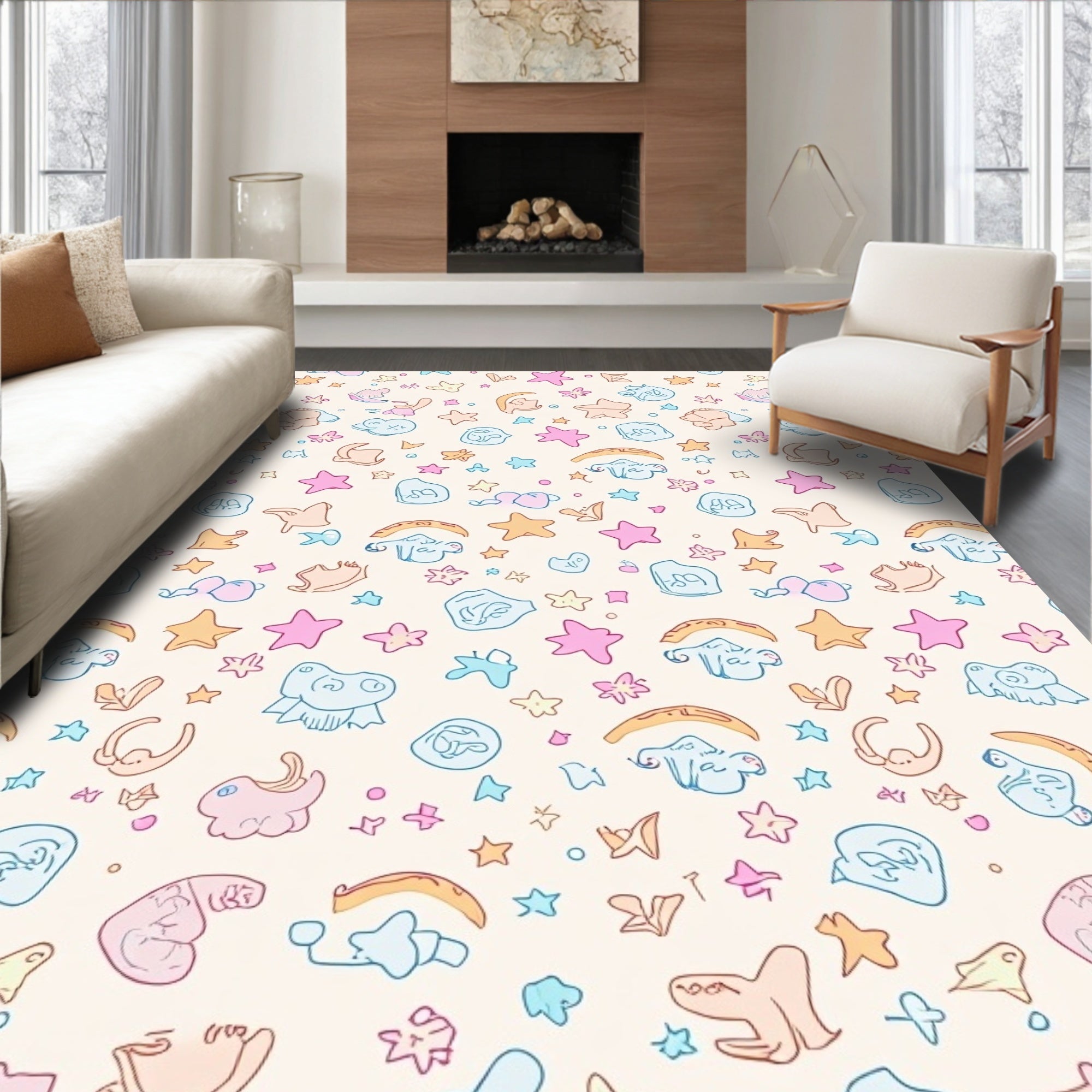 Playful Cartoon Creatures Stars Pattern Rug