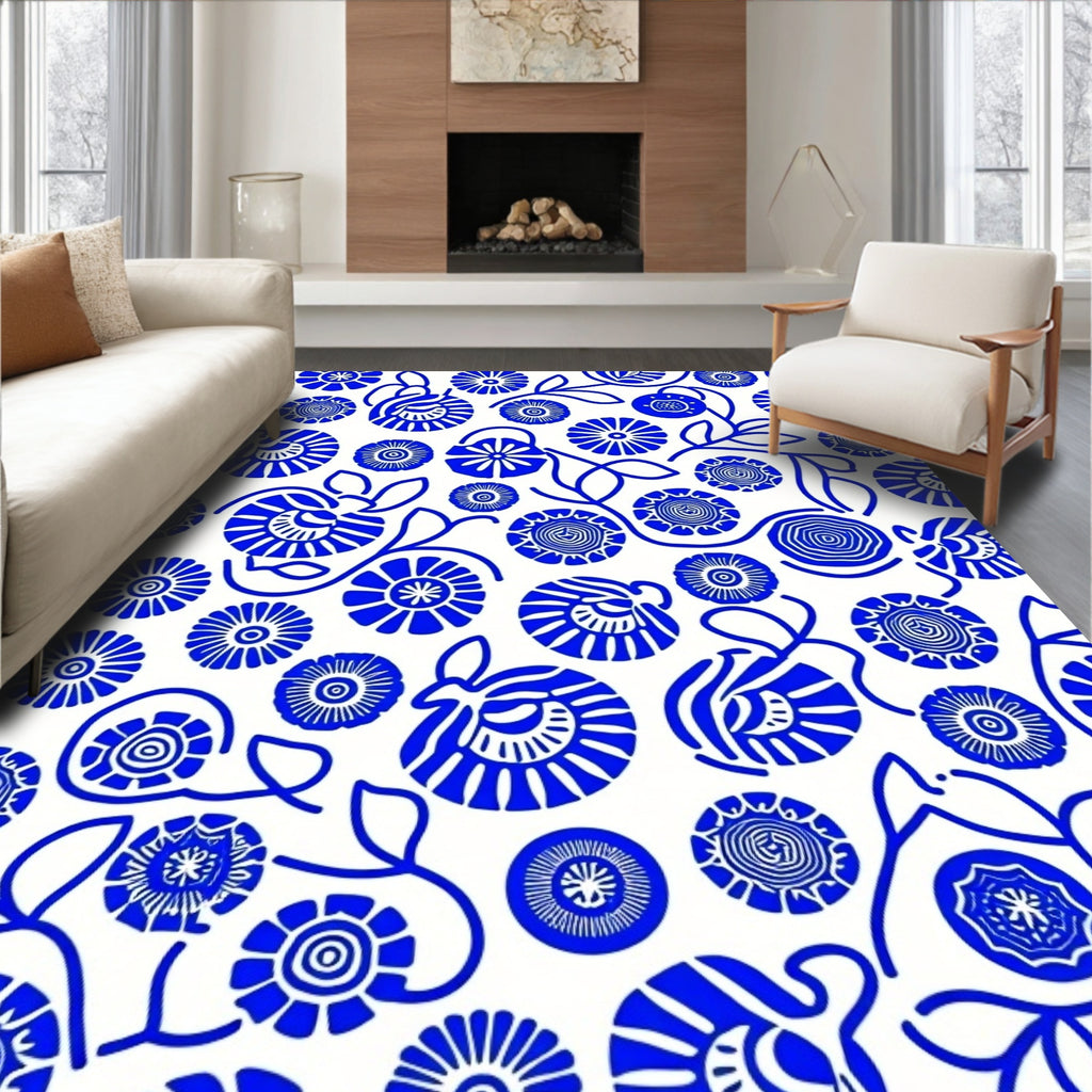 Blue Whimsical Floral Swirl Rug