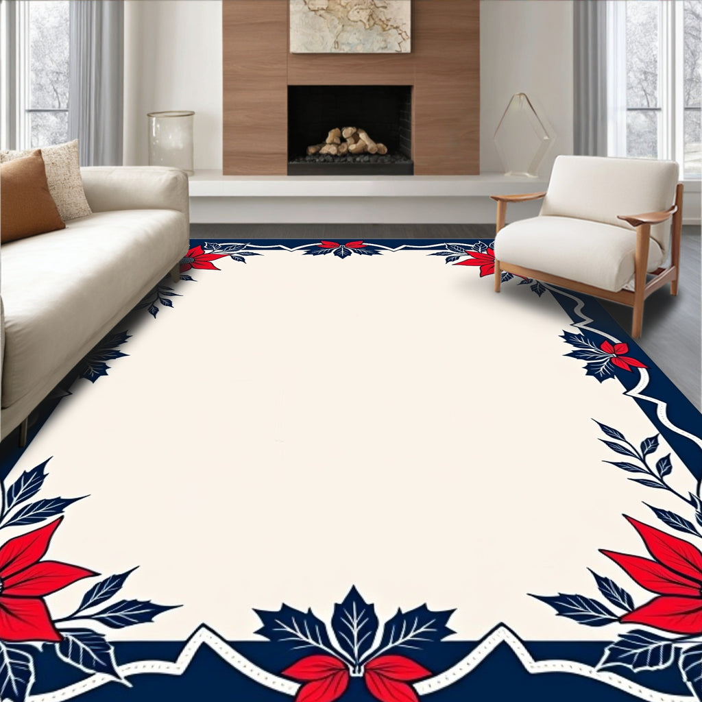 Red Poinsettia Navy Border Rug