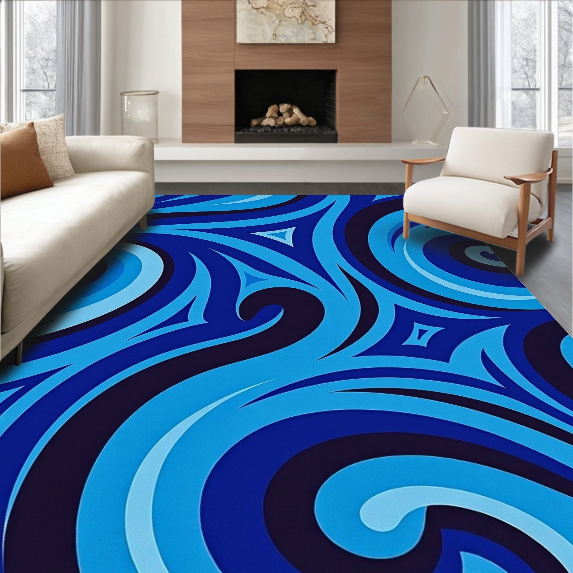 Abstract Blue Swirl Geometric Pattern Rug